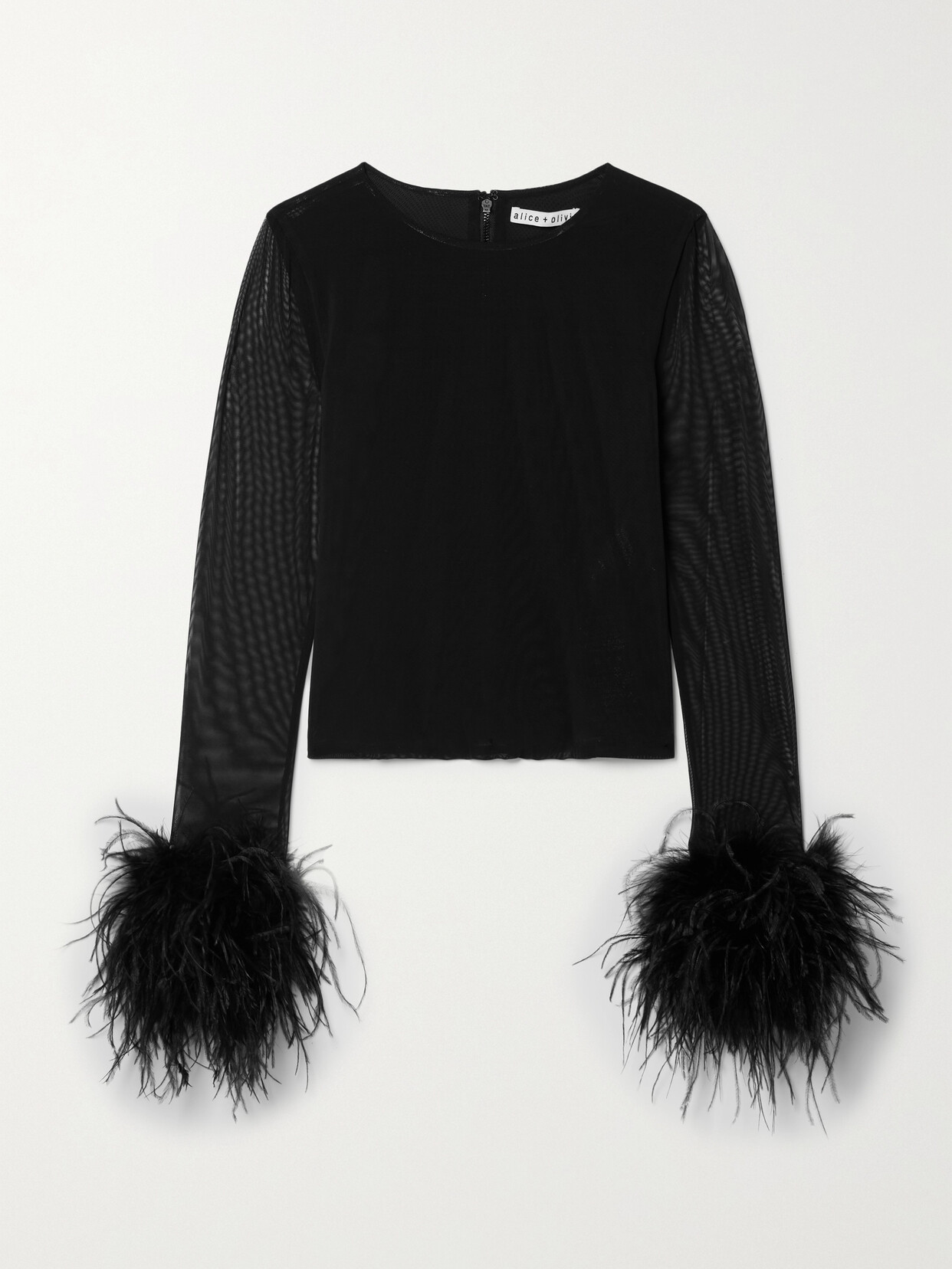 Alice + Olivia - Delaina Feather-trimmed Mesh Top - Black