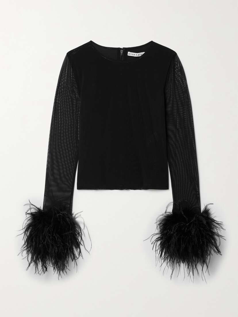 Alice + Olivia Delaina Feather-trimmed Mesh Top