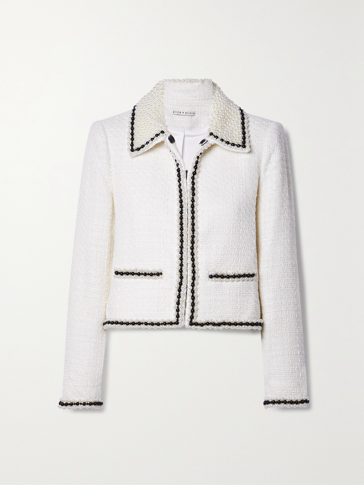 Alice + Olivia - Kidman Cropped Bead-embellished Tweed Jacket - Off-white