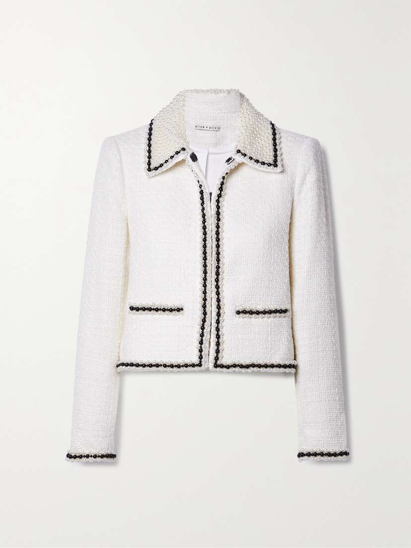 Alice + Olivia Kidman Cropped Bead-embellished Tweed Jacket