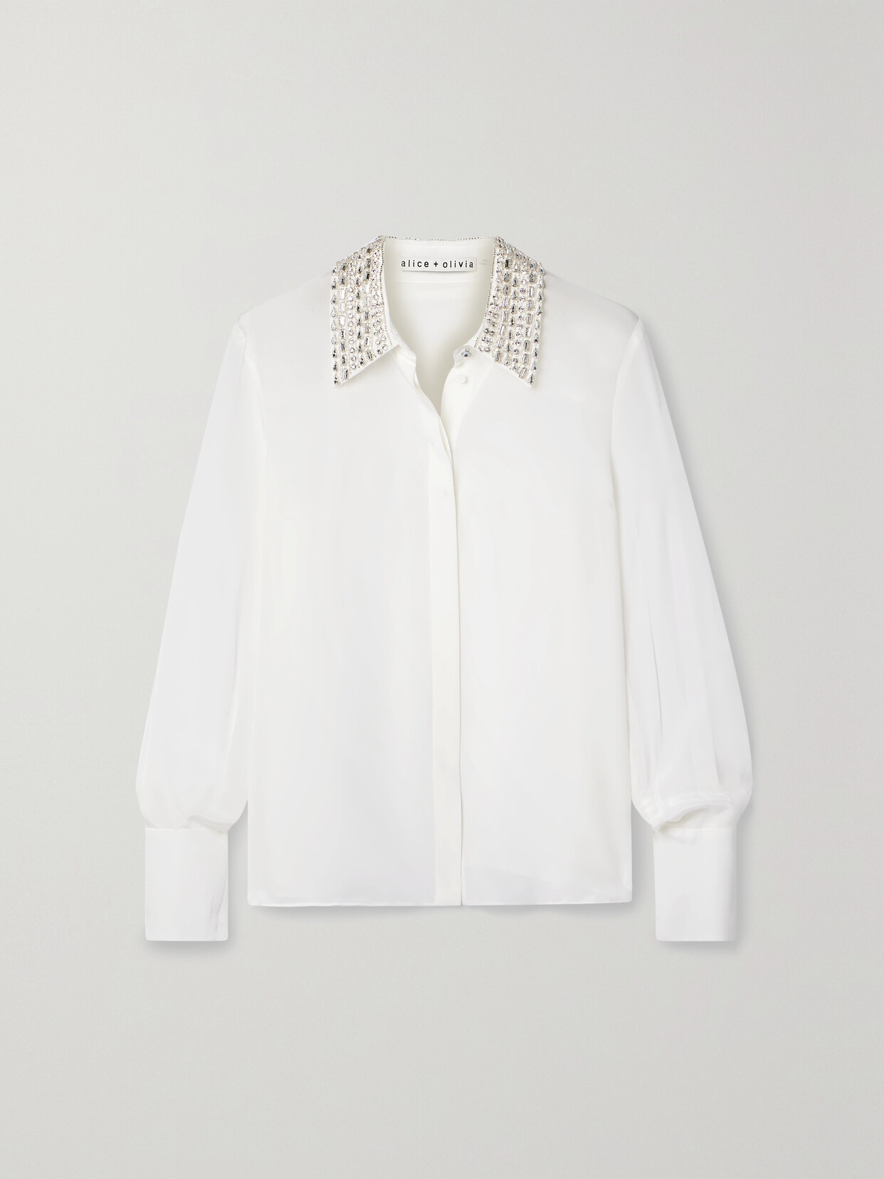 ALICE AND OLIVIA WILLA EMBELLISHED SILK CREPE DE CHINE SHIRT