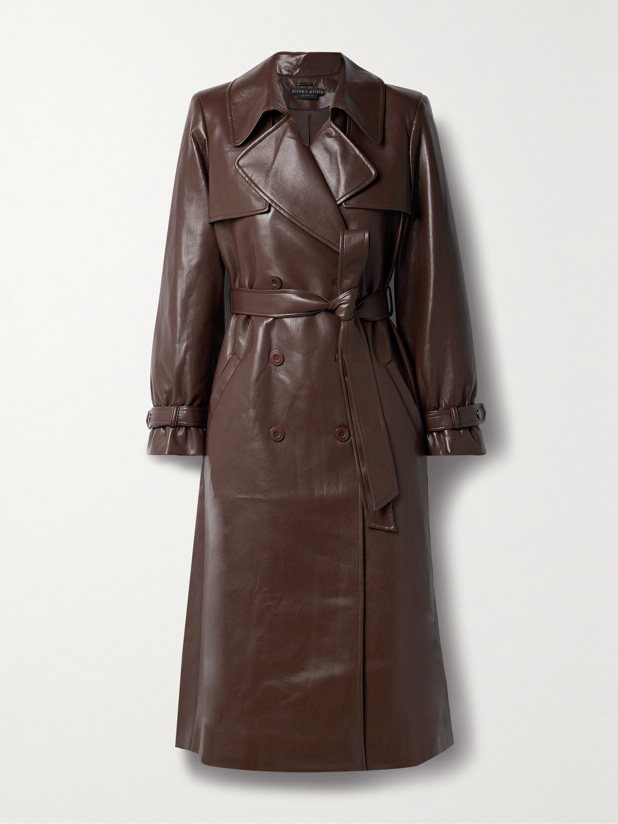 ALICE AND OLIVIA ELICIA DOUBLE-BREASTED VEGAN LEATHER TRENCH COAT