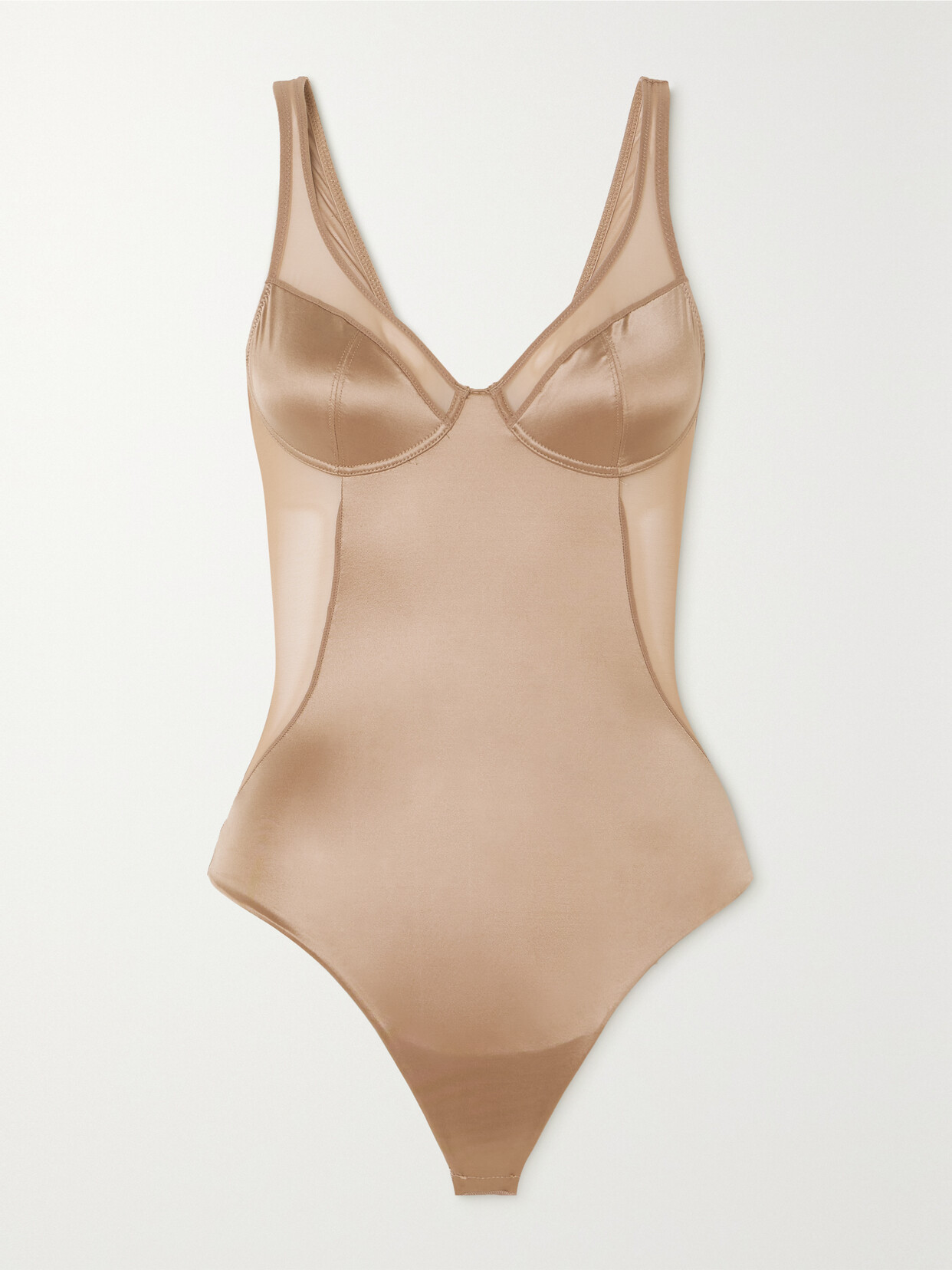 Spanx Shaping Mesh-trimmed Stretch-satin Thong Bodysuit In Neutrals