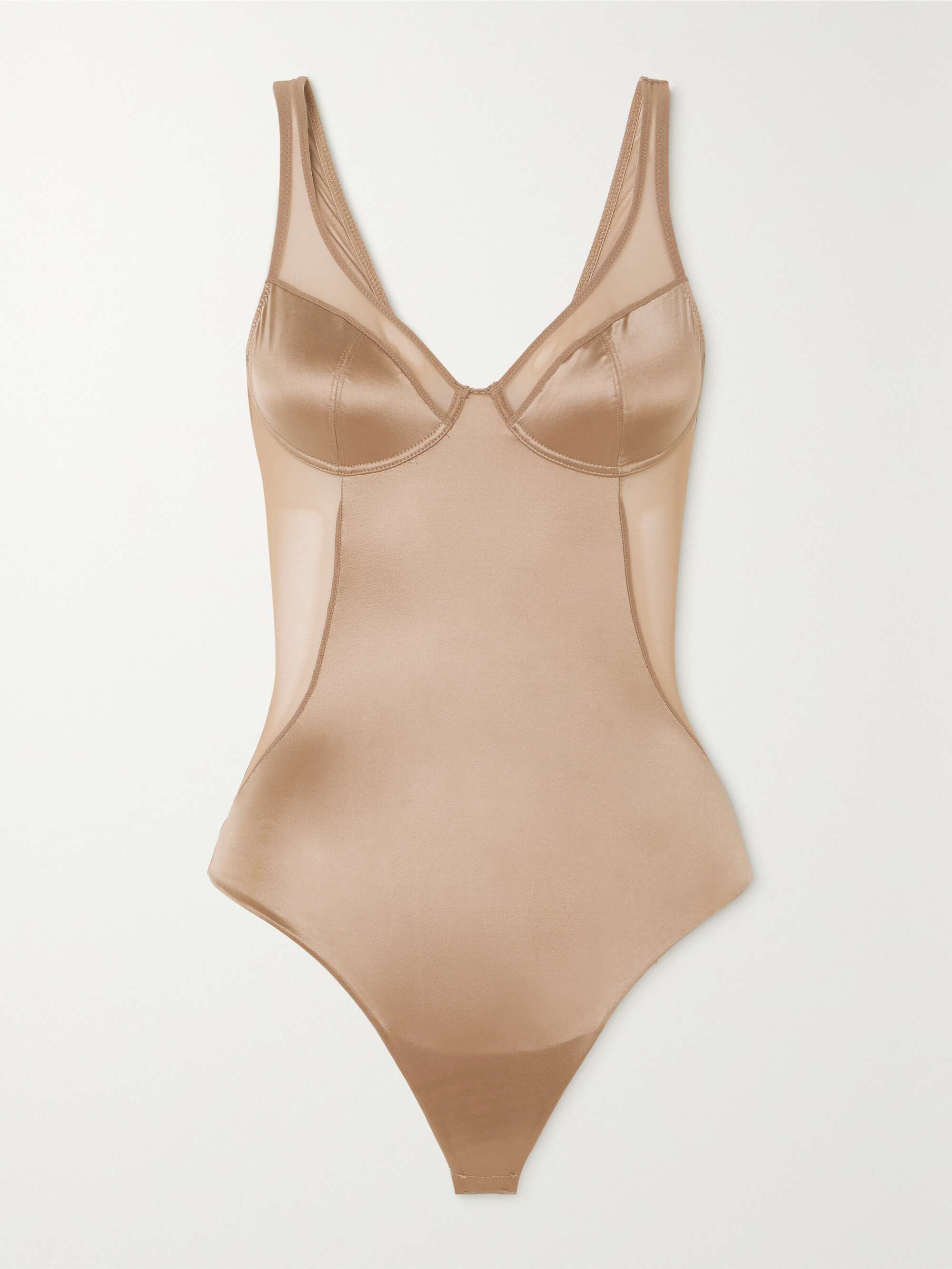 Shaping mesh-trimmed stretch-satin thong bodysuit