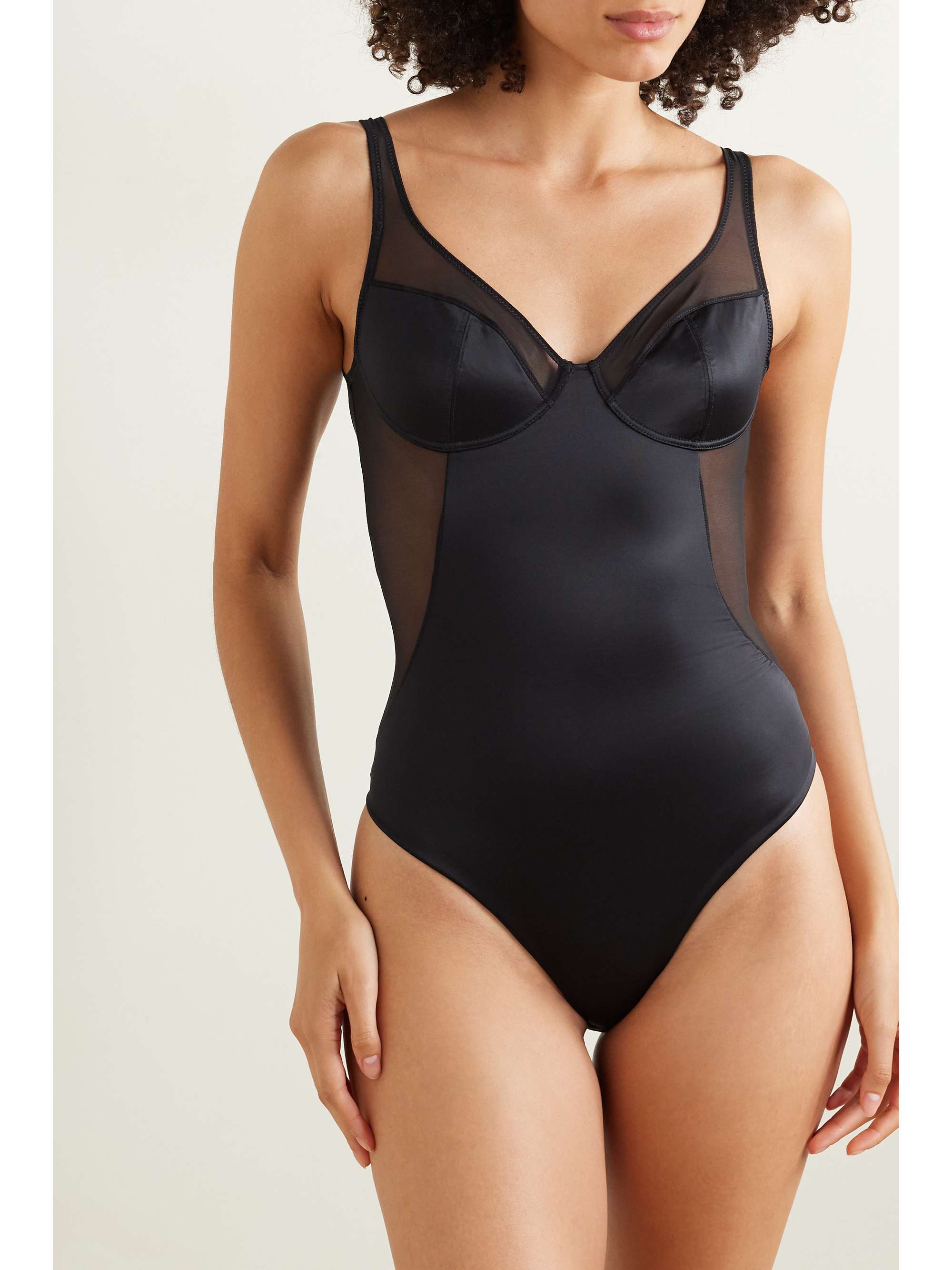 SPANX Shaping mesh-trimmed stretch-satin thong bodysuit