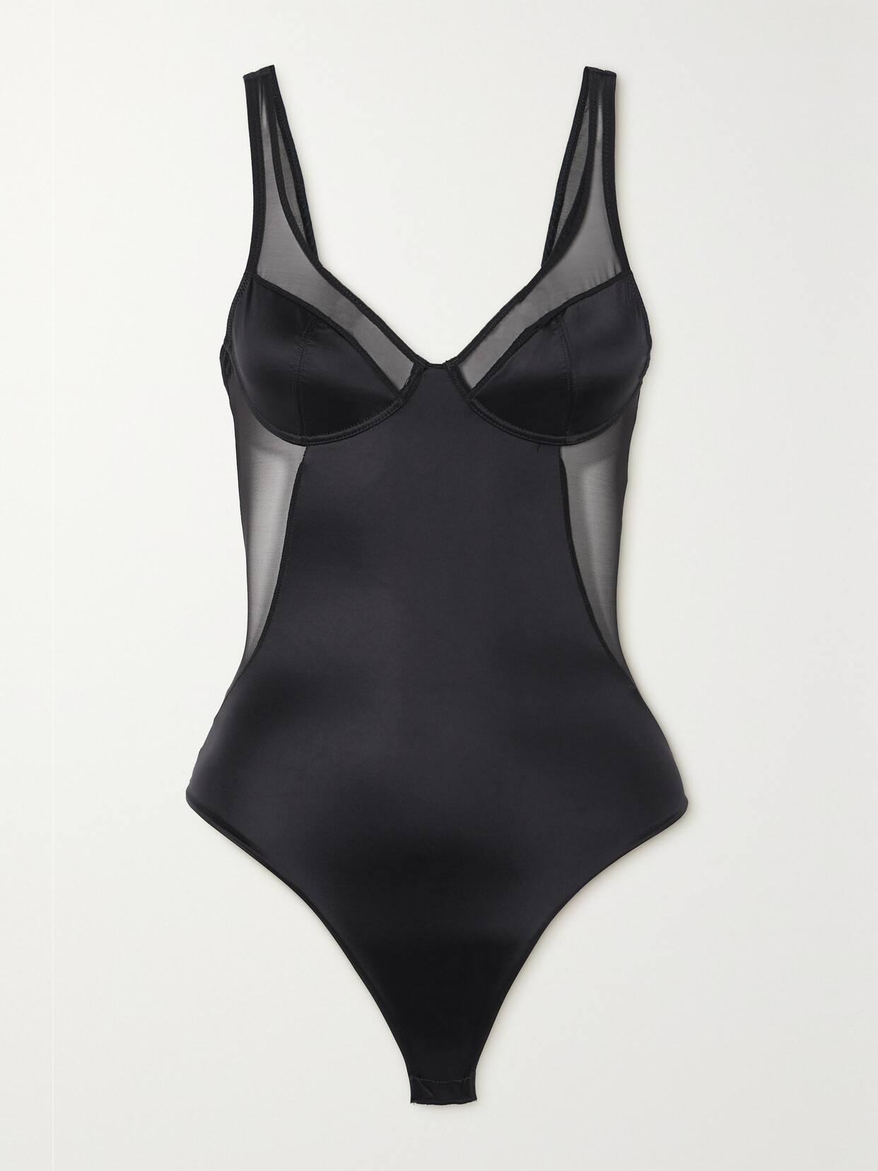 Shop Spanx Shaping Mesh-trimmed Stretch-satin Thong Bodysuit In Black