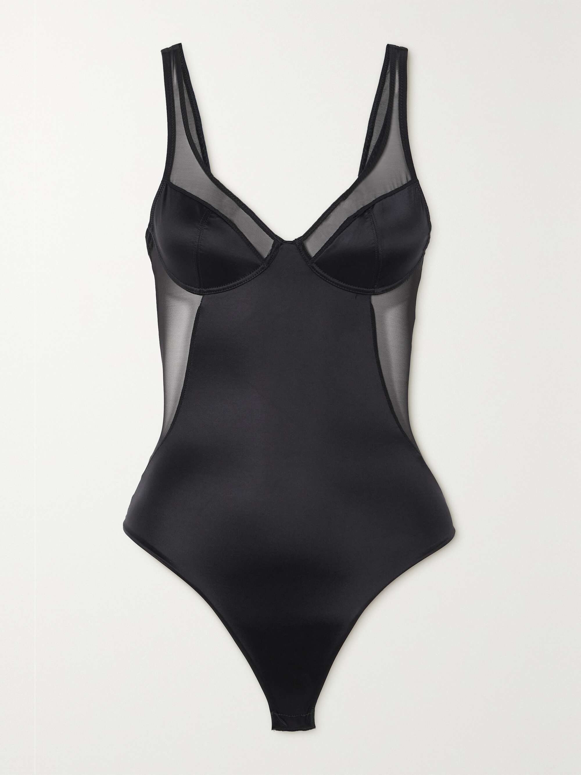 SPANX Shaping mesh-trimmed stretch-satin thong bodysuit | NET-A-PORTER