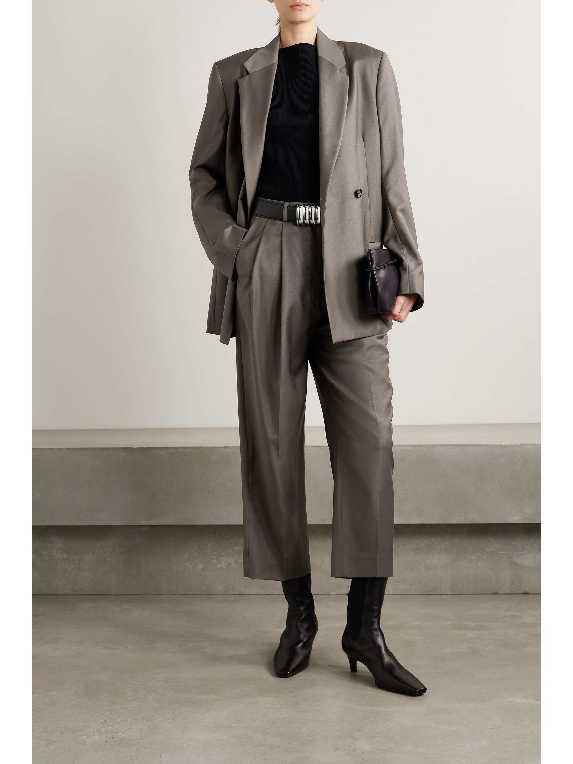 Cropped pleated wool straight leg pants
