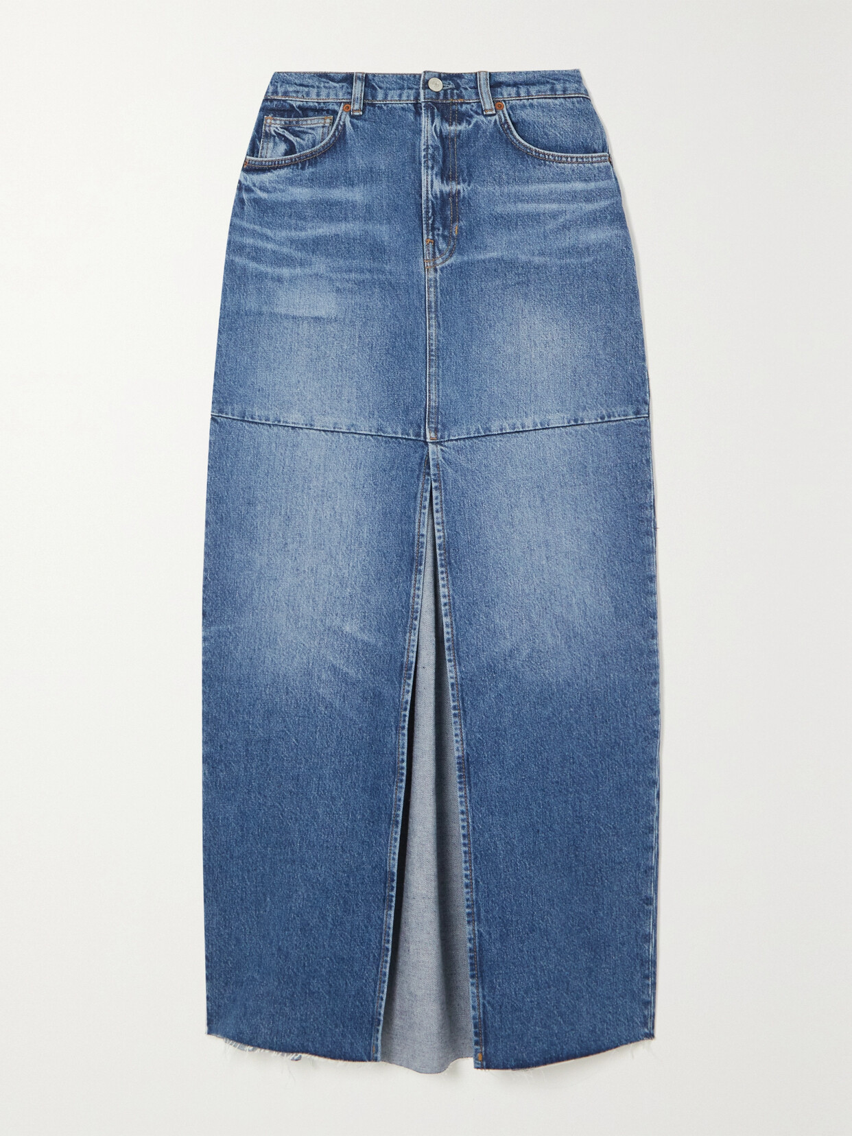 Reformation Daria Ultra High Rise Denim Maxi Skirt In Blue