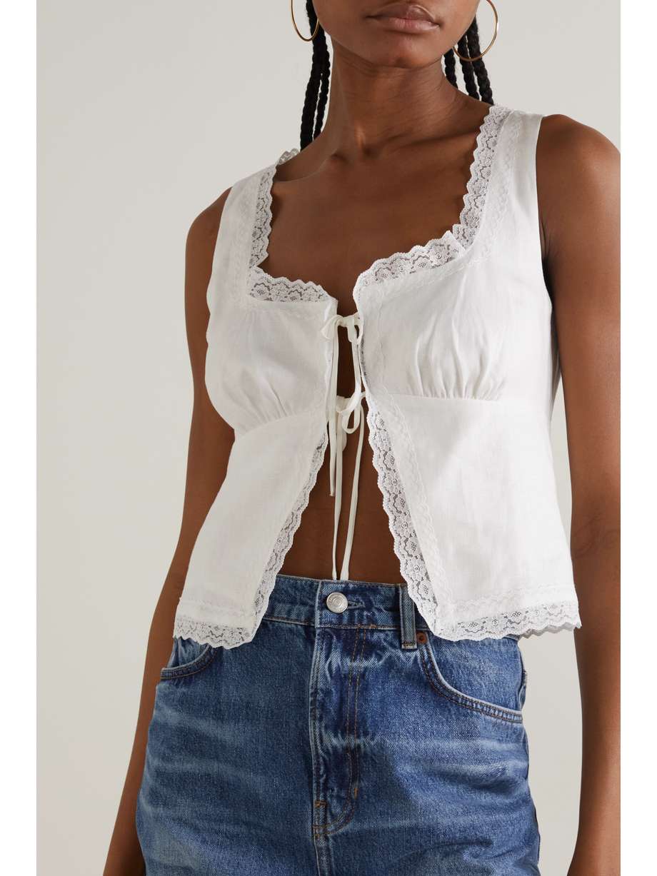 net-a-porter.com | NET SUSTAIN Rosalie tie-detailed lace-trimmed linen top