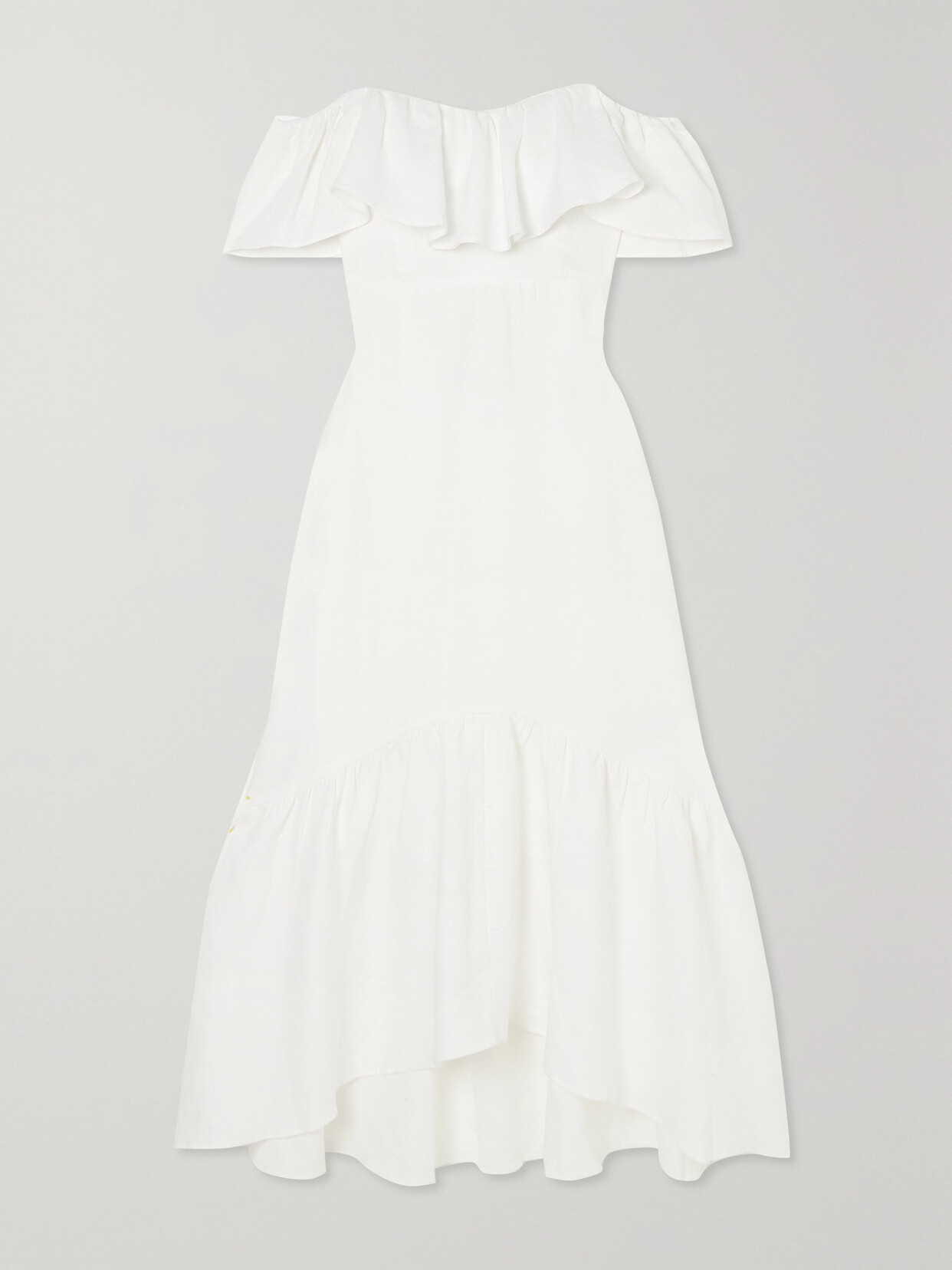 REFORMATION + NET SUSTAIN BAELA OFF-THE-SHOULDER RUFFLED TIERED LINEN MIDI DRESS