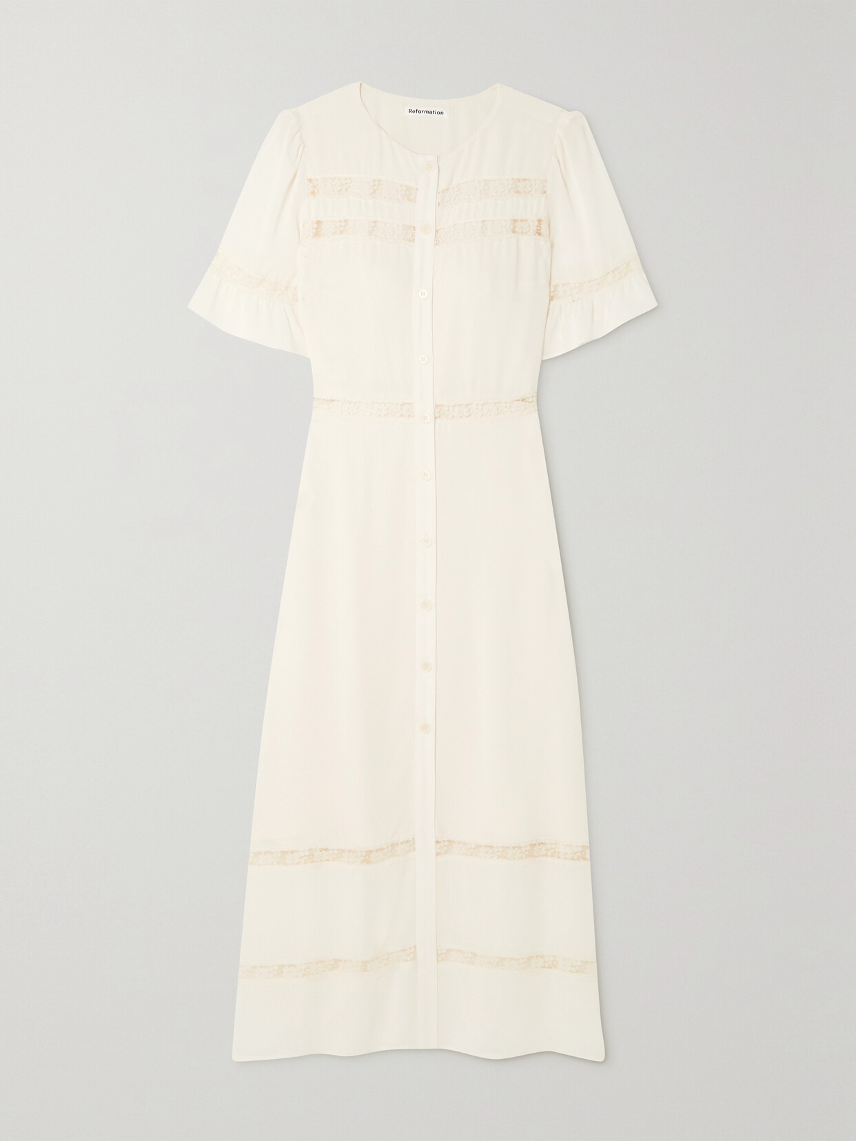 REFORMATION + NET SUSTAIN WOODSON LACE-TRIMMED RUFFLED GEORGETTE MIDI DRESS