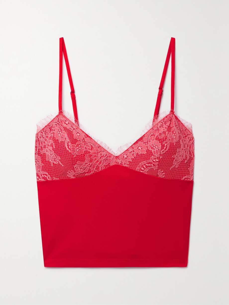 Fleur du Mal's ready-to-wear is influenced by its lingerie roots. Made from jersey, this camisole has a V-neckline, lace-covered cups and pin-thin shoulder straps. Wear it with the matching skirt and heels for a night out.
