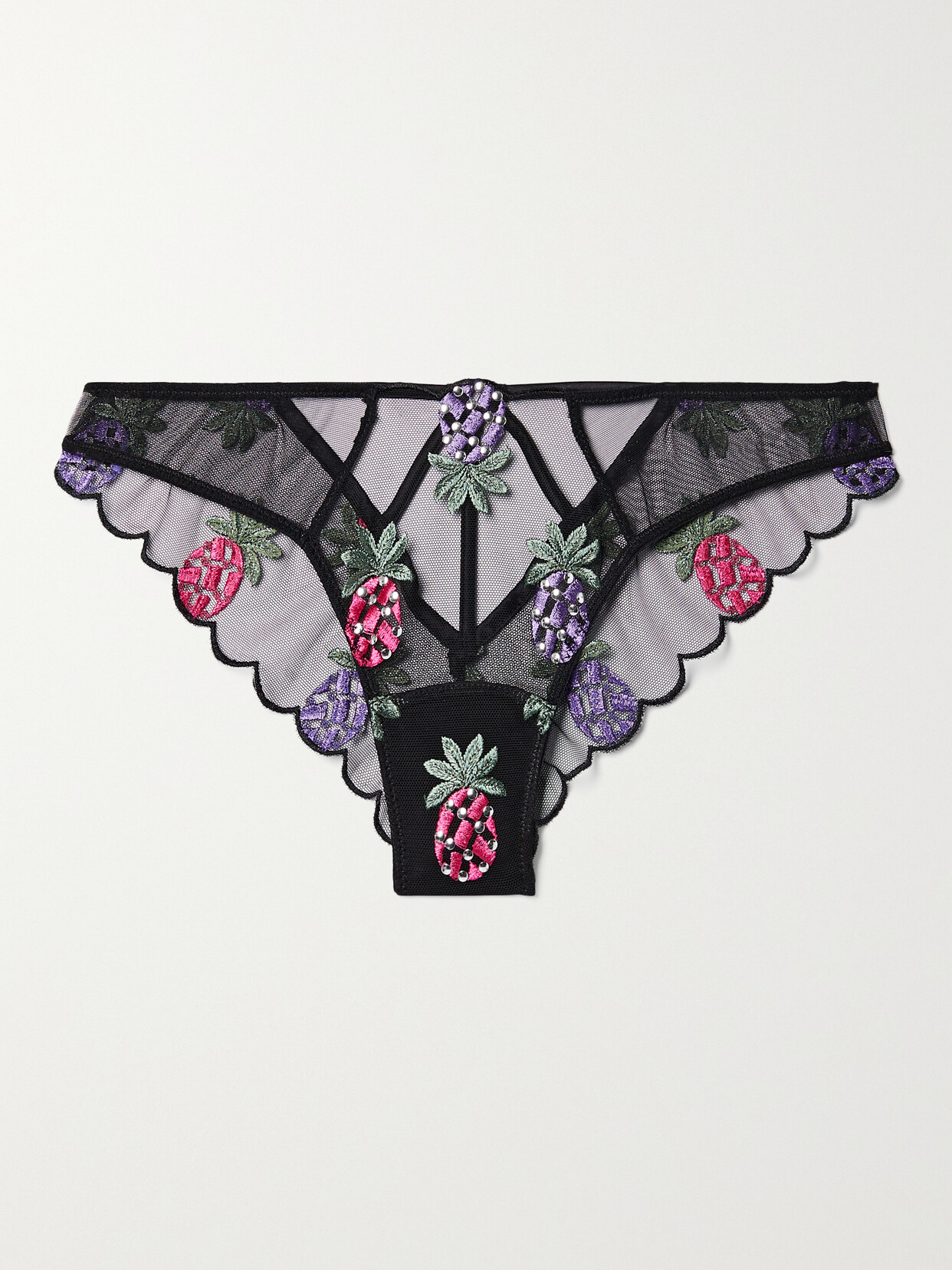 Fleur du Mal Bondage Pineapple Satin-trimmed Cutout Embellished Tulle Briefs - Black