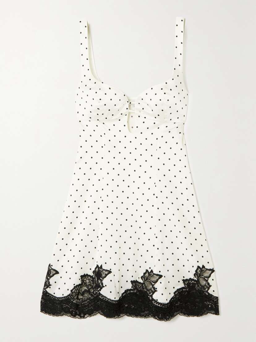 Fleur du Mal Cutout Lace-trimmed Polka Dot Silk-charmeuse Mini Dress