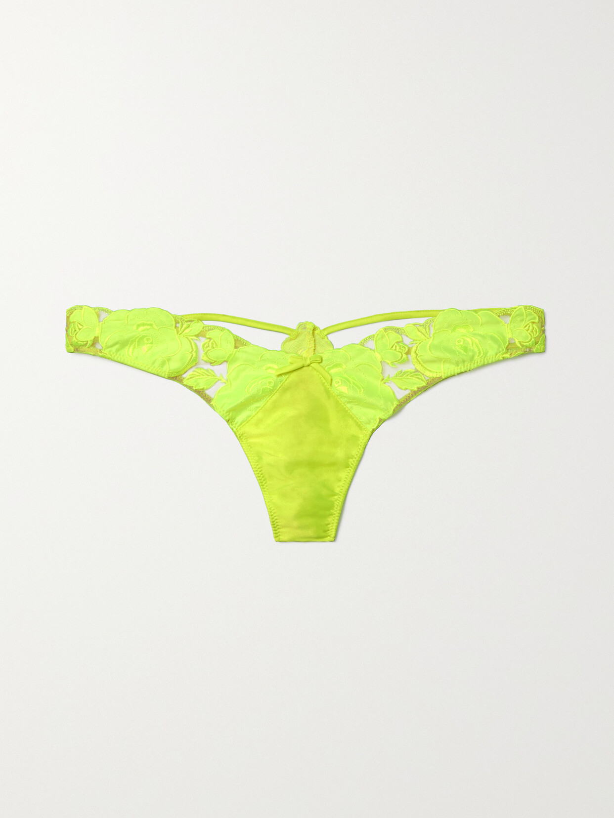Fleur du Mal Rose Embroidered Tulle And Silk-blend Satin Thong