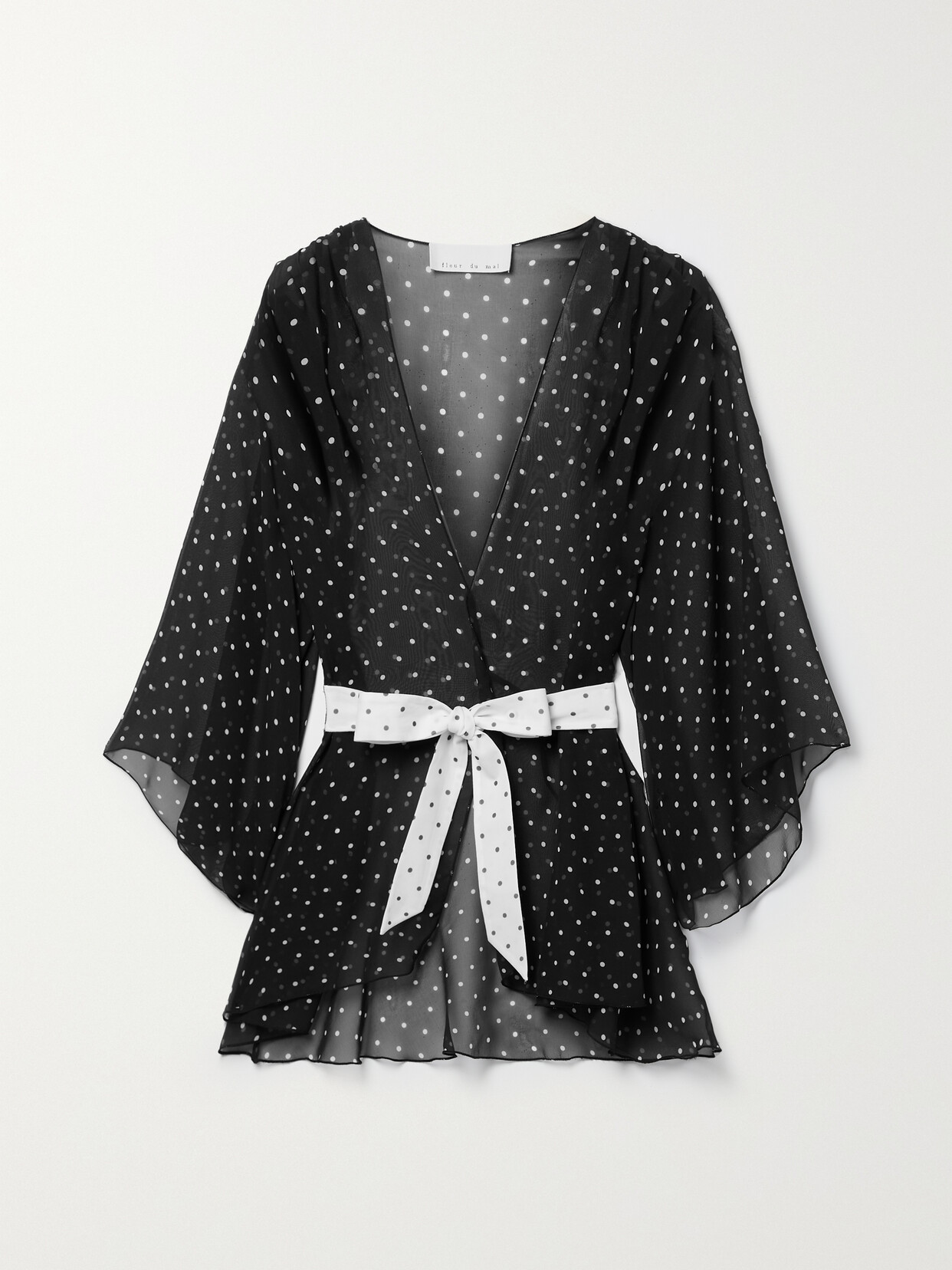 Fleur du Mal - Belted Polka-dot Silk-chiffon Robe - Black