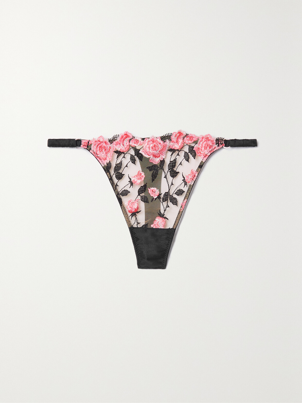 Fleur du Mal - Roses & Thorns Satin-trimmed Embroidered Tulle Thong - Pink