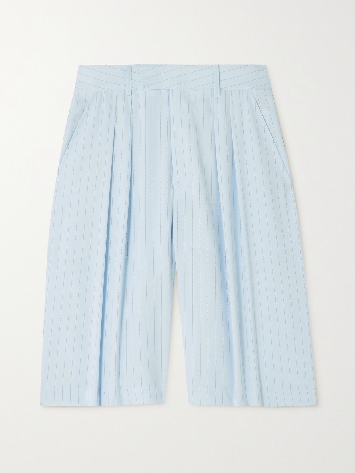 The Frankie Shop Vivian Pleated Striped Crepe De Chine Shorts In Blue