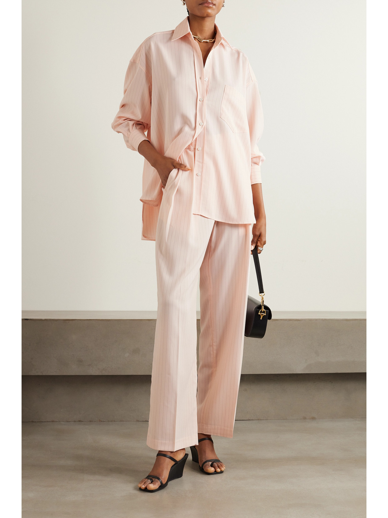 Shop The Frankie Shop Tansy Pleated Pinstriped Crepe De Chine Straight-leg Pants In Pink