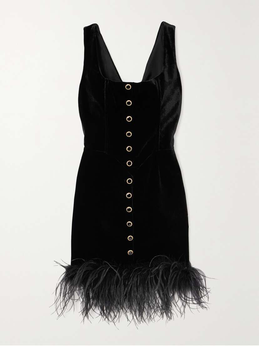 Alessandra Rich Embellished Feather-trimmed Velvet Mini Dress