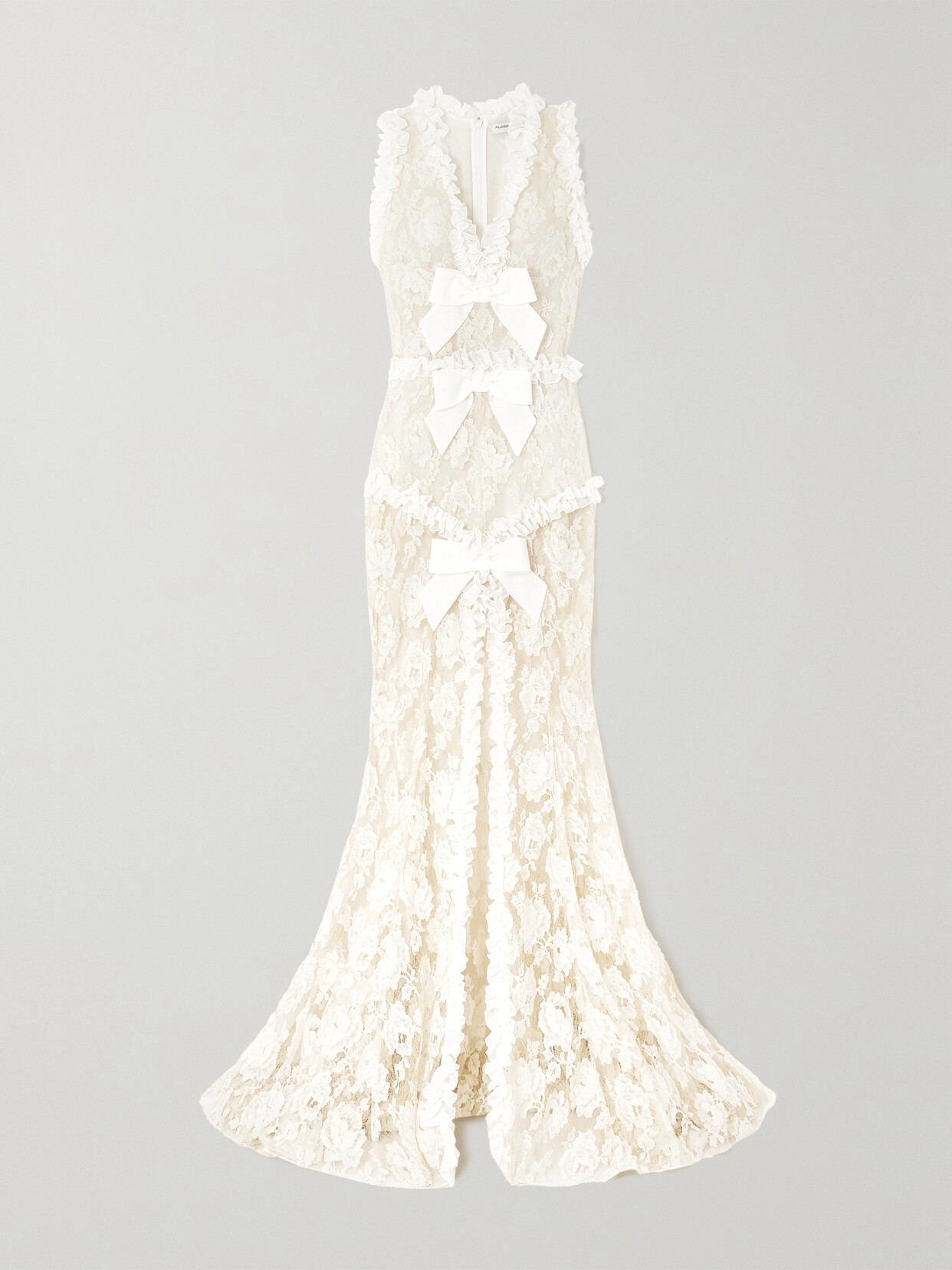 ALESSANDRA RICH BOW-DETAILED RUFFLED COTTON-BLEND LACE GOWN