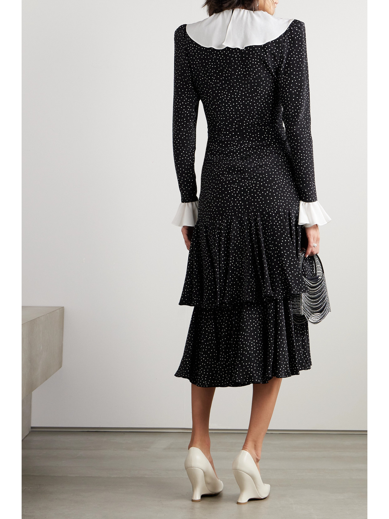 Alessandra Rich Bow-detailed Ruffled Polka-dot Silk Midi Dress In Black