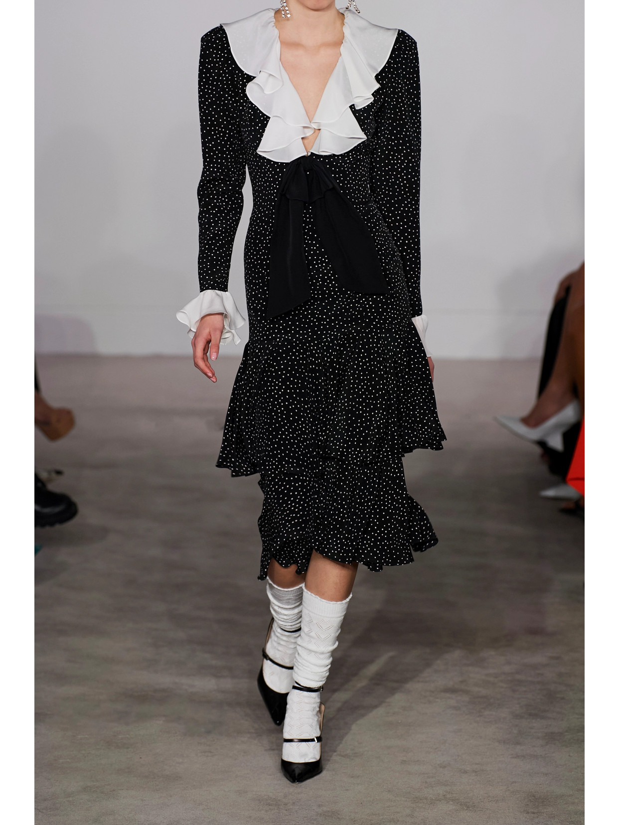 Alessandra Rich Bow-detailed Ruffled Polka-dot Silk Midi Dress In Black