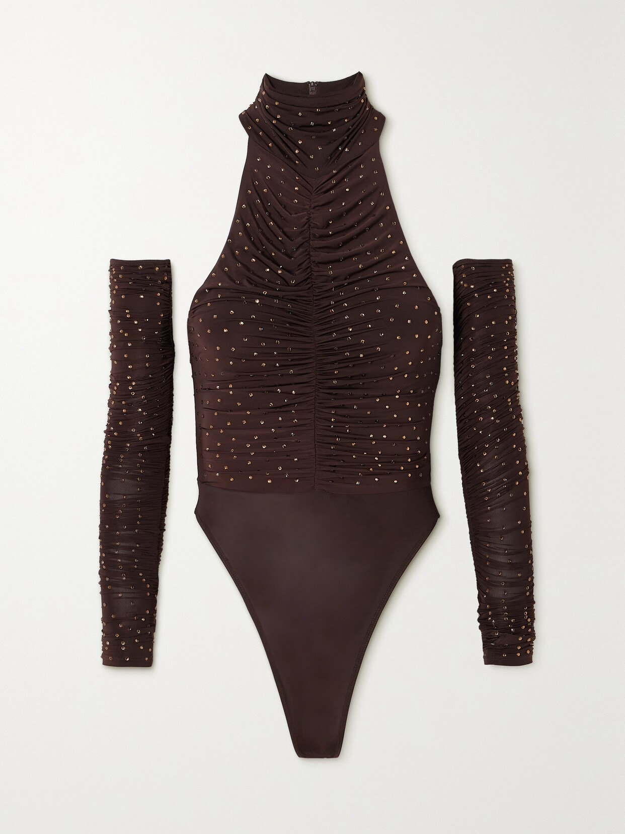 Alex Perry - Arlie Ruched Crystal-embellished Stretch-jersey Turtleneck Bodysuit And Gloves Set - Brown