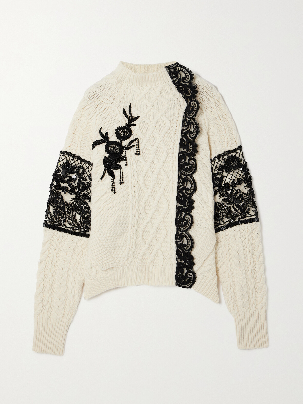 Shop Erdem Lace-trimmed Embellished Cable-knit Wool-blend Sweater In Cream