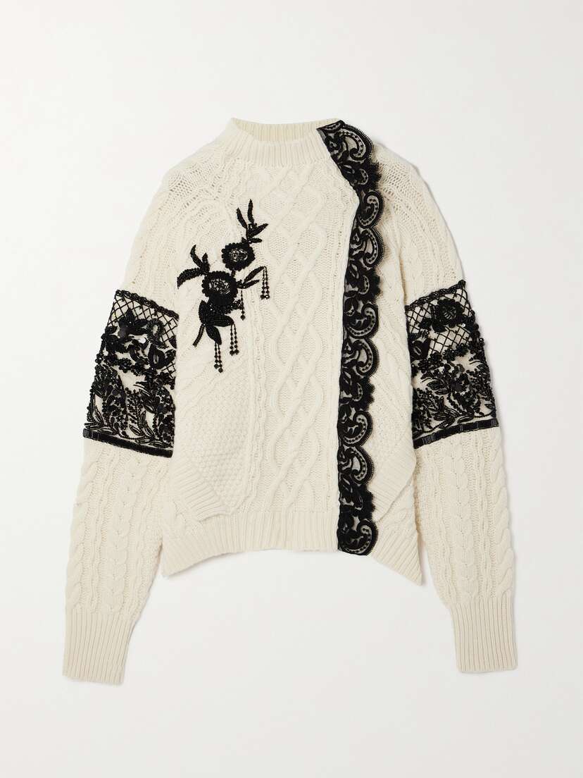 Erdem Lace-trimmed Embellished Cable-knit Wool-blend Sweater