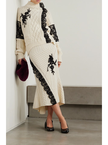 Erdem Lace-trimmed embellished cable-knit wool-blend sweater