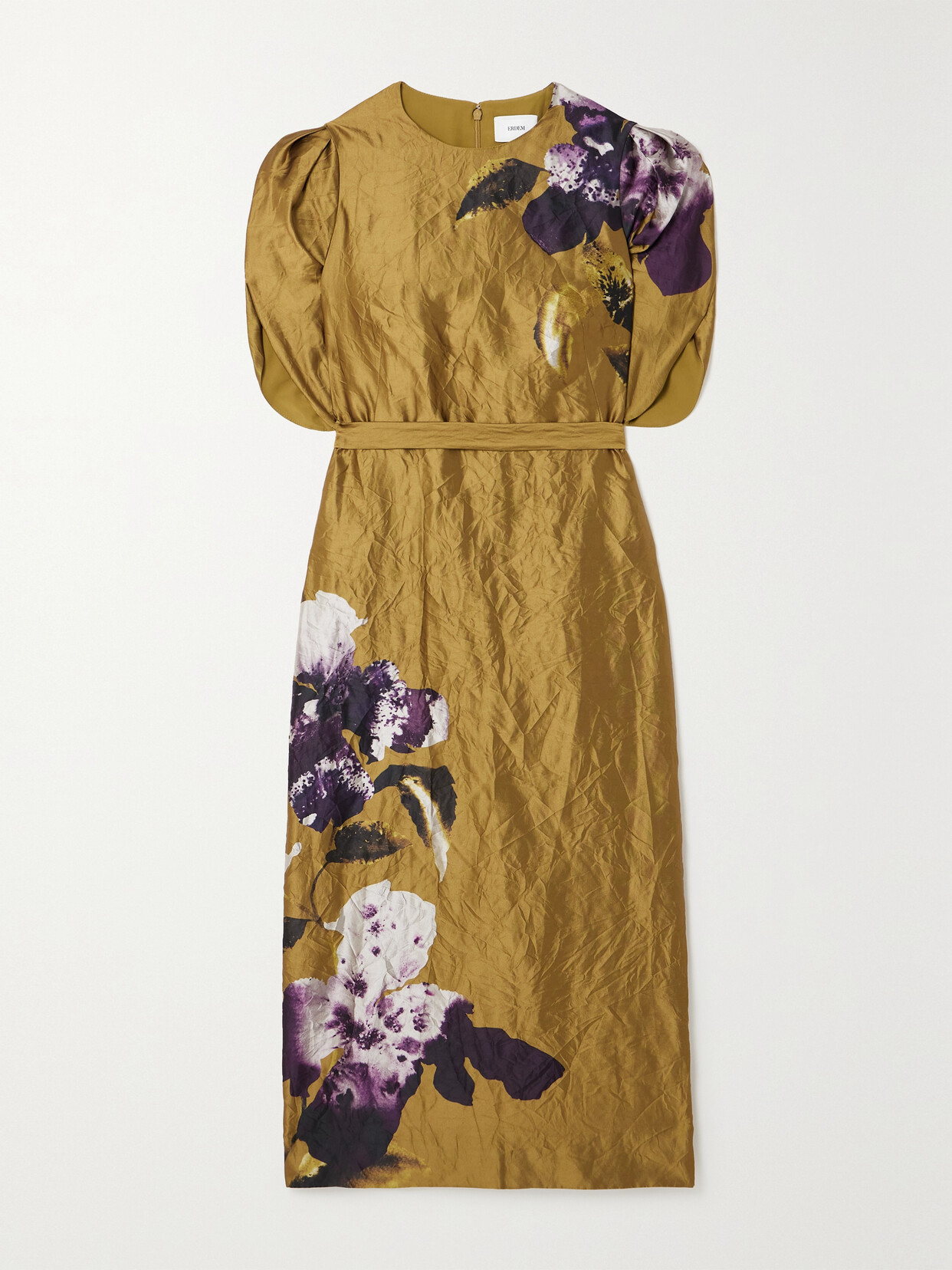 Shop Erdem Astrea Floral-print Crinkled-satin Midi Dress In Gold