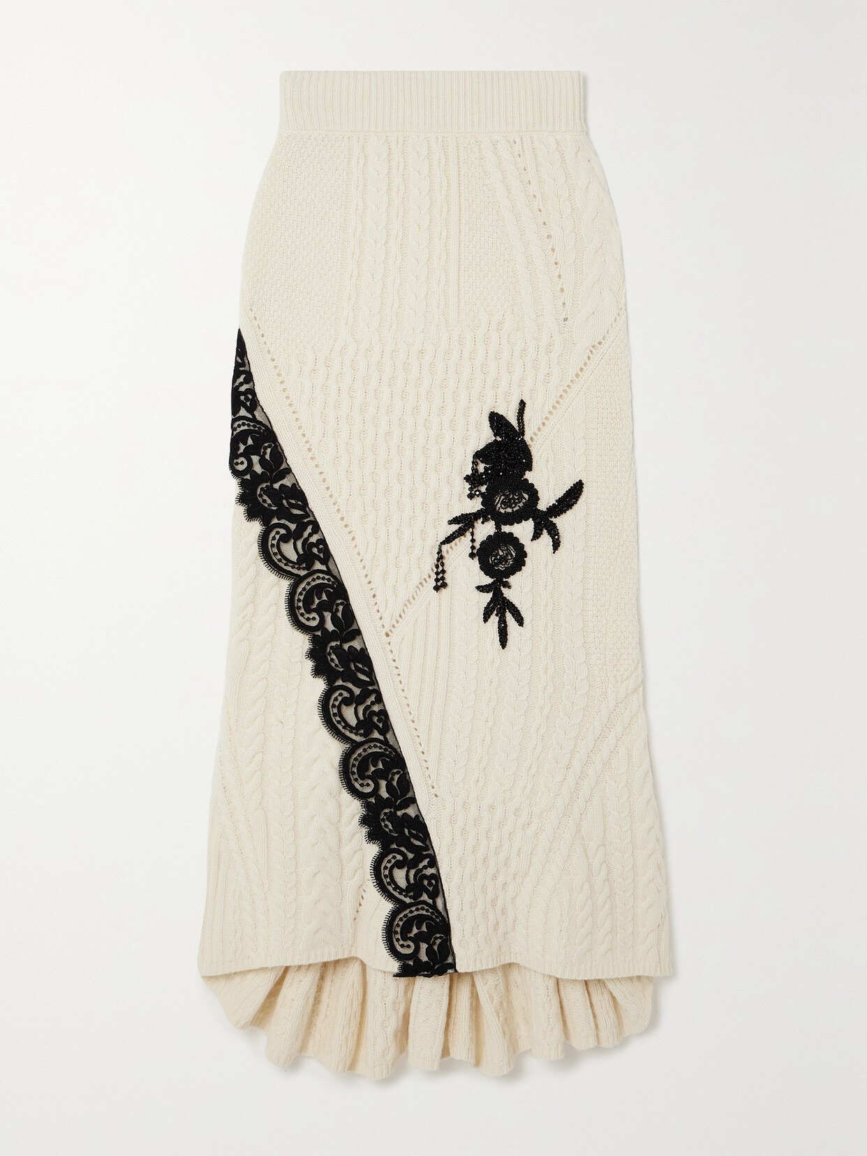 Shop Erdem Lace-trimmed Embellished Cable-knit Wool-blend Midi Skirt In Cream