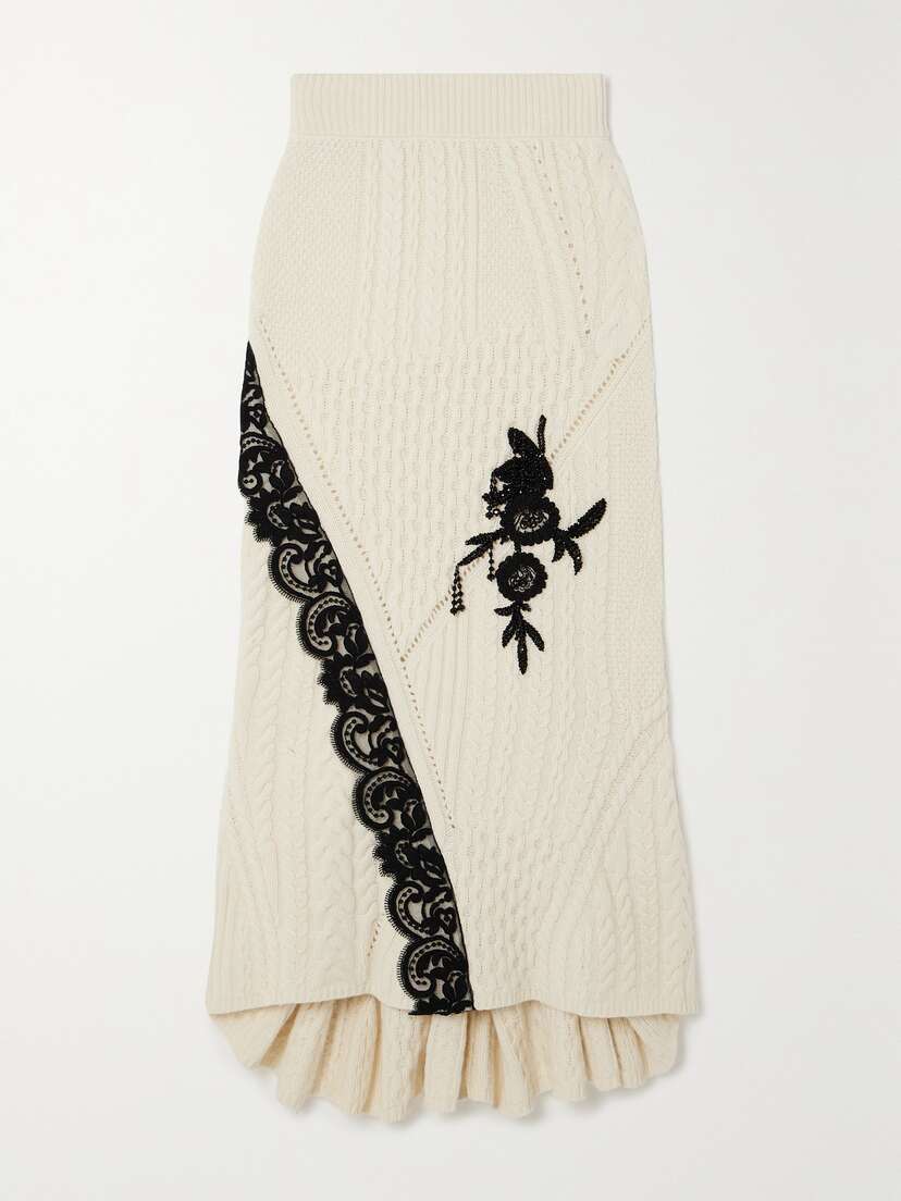 Erdem Lace-trimmed Embellished Cable-knit Wool-blend Midi Skirt - x large