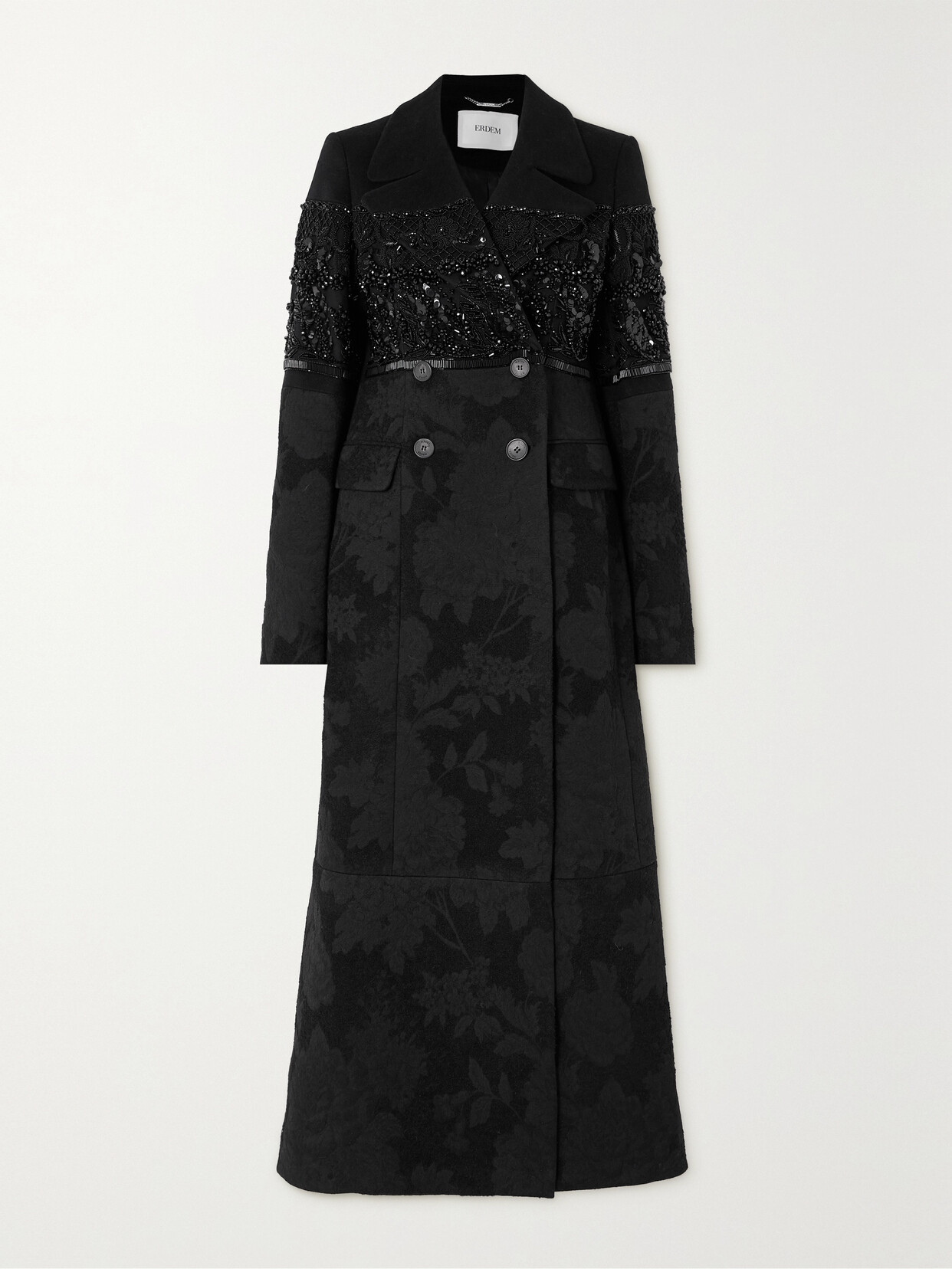 Erdem Double-breasted Embellished Floral-jacquard And Felt Coat - Black