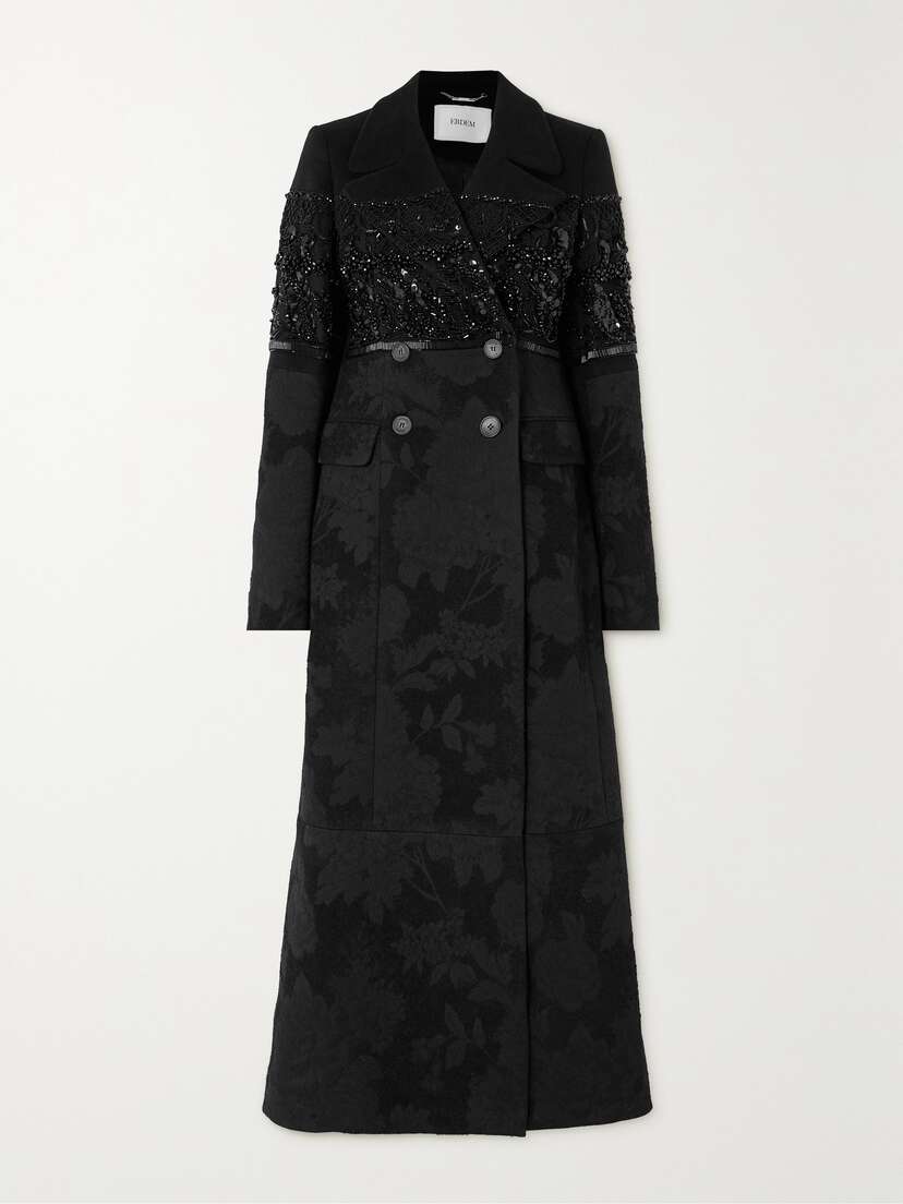 Erdem Double-breasted Embellished Floral-jacquard And Felt Coat - UK 12