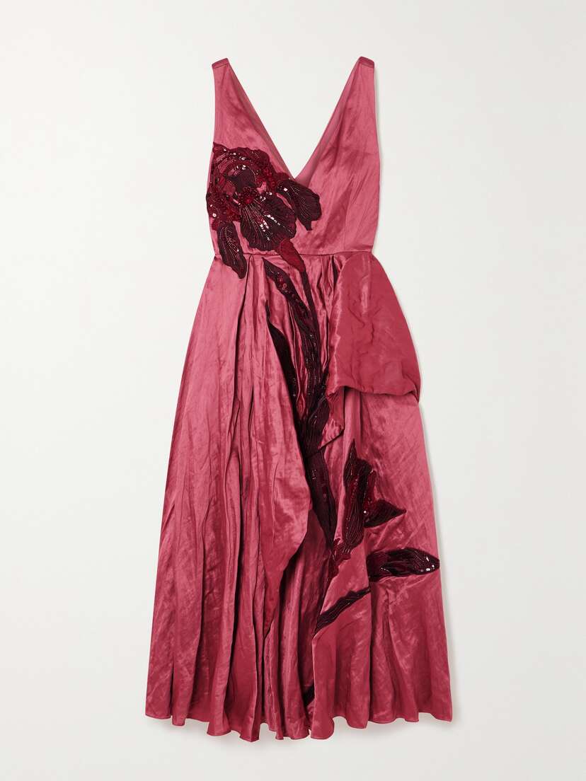 Erdem Appliquéd Ruffled Textured-satin Midi Dress