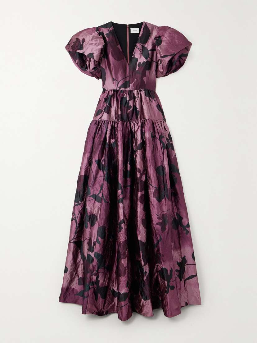 Erdem Evelyn Floral-print Tiered Crinkled-satin Gown
