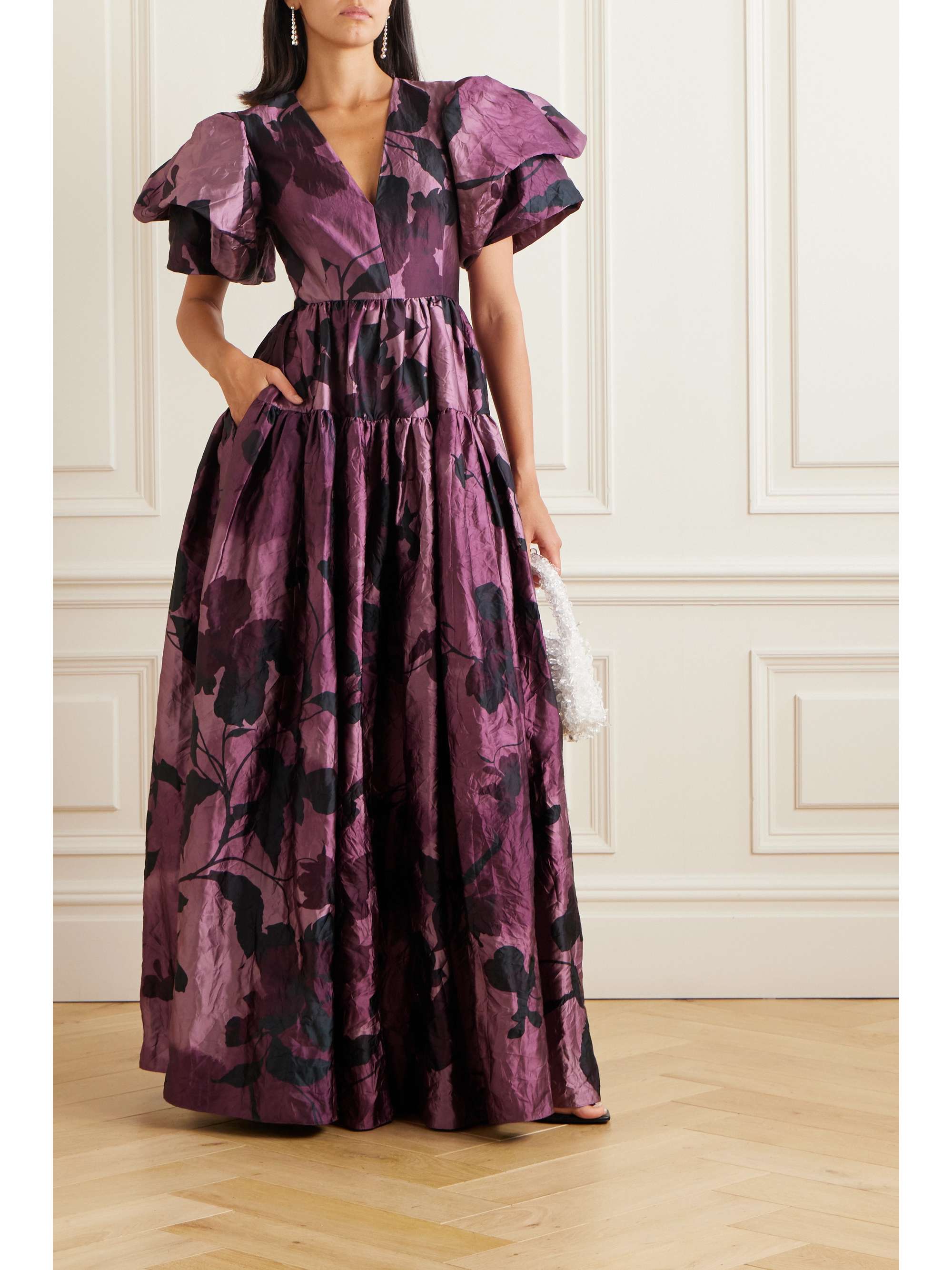 ERDEM Evelyn floral-print tiered crinkled-satin gown | NET-A-PORTER