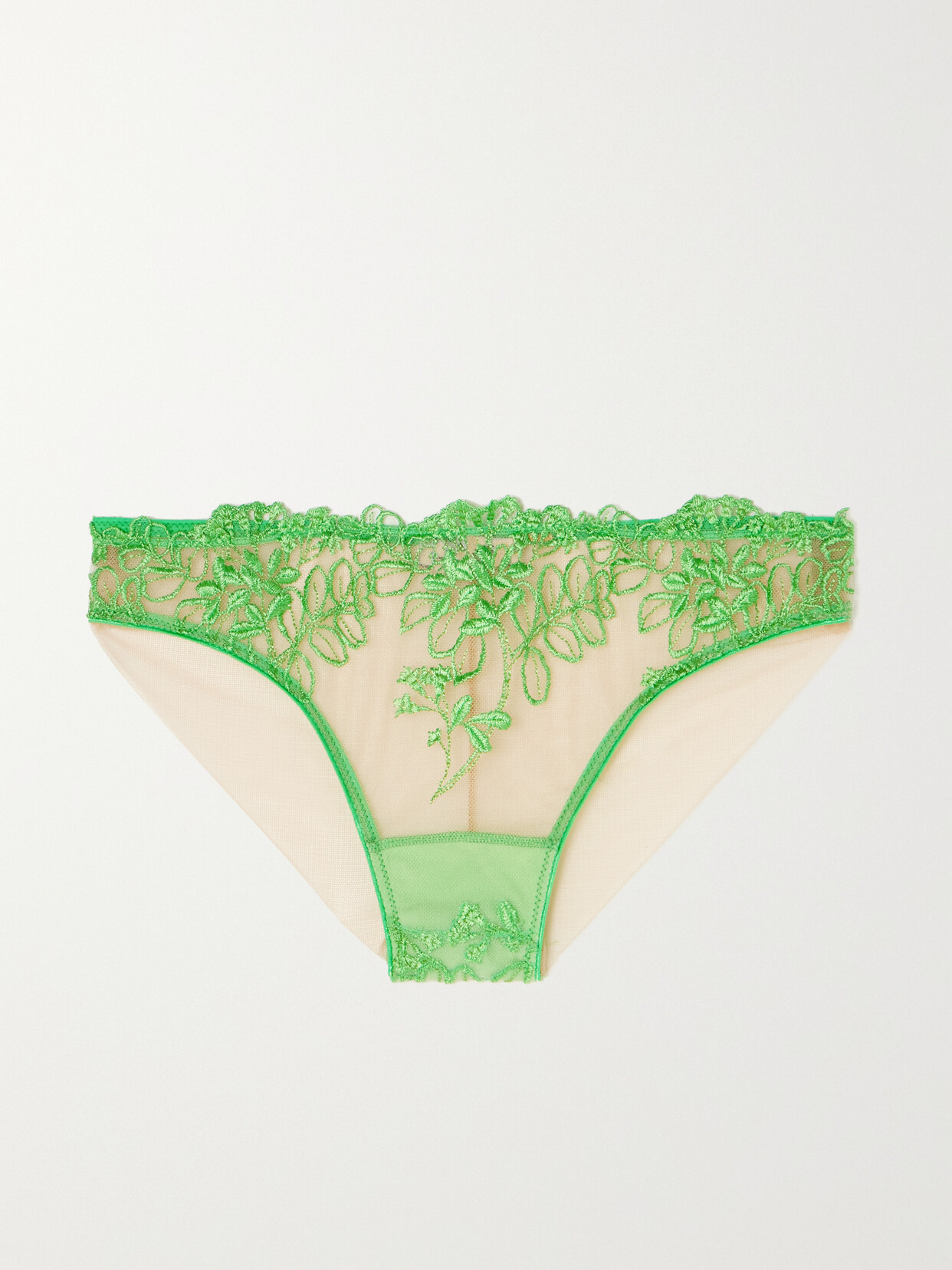 I.D. Sarrieri Jardin De Tuilerie Satin-trimmed Embroidered Tulle Briefs - Green