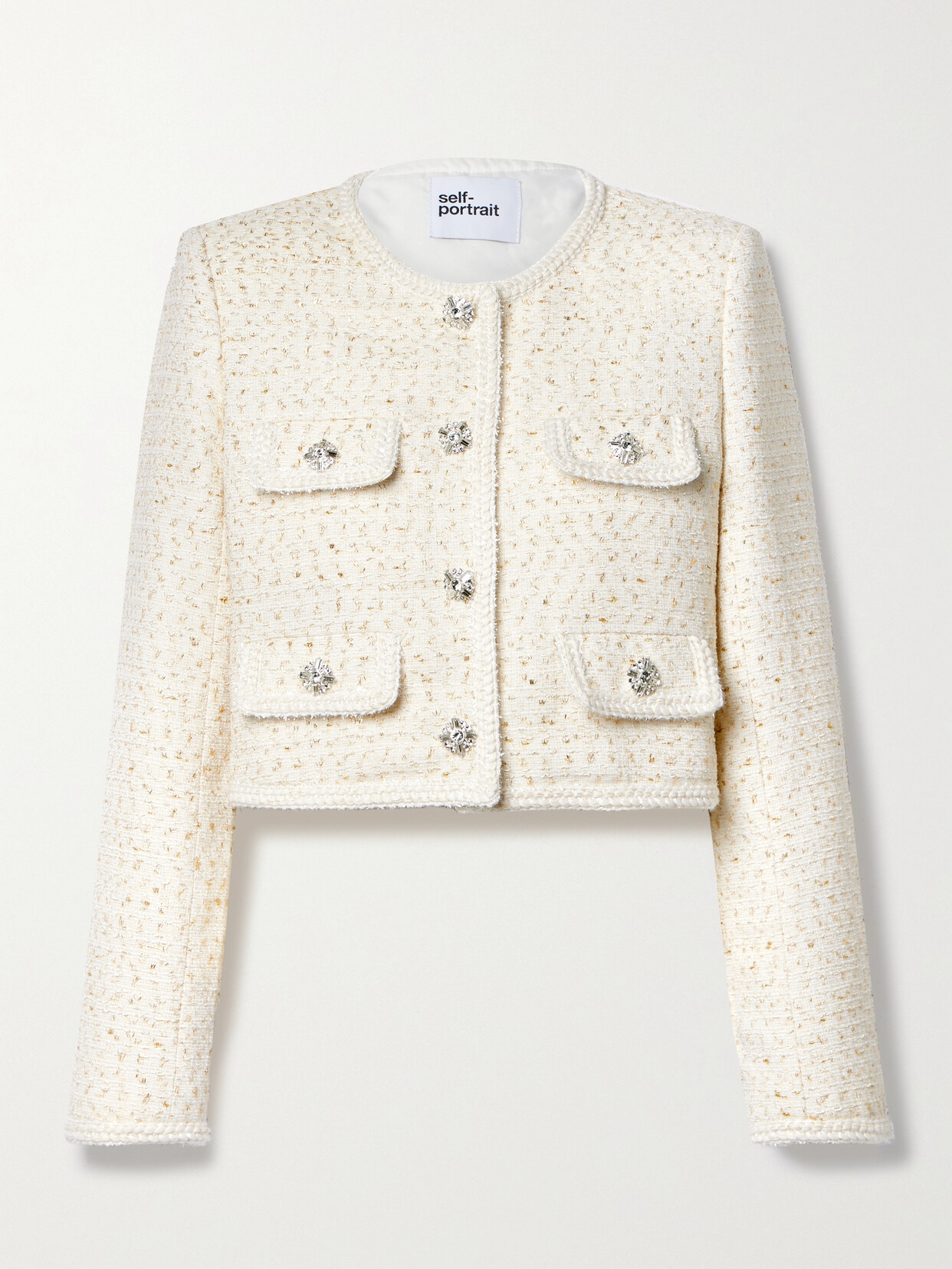 SELF-PORTRAIT CROPPED CRYSTAL-EMBELLISHED METALLIC TWEED JACKET