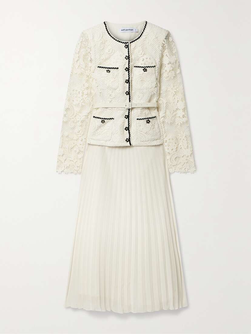 Self-Portrait Convertible Pleated Georgette And Embellished Corded Lace Midi Dress - UK 16