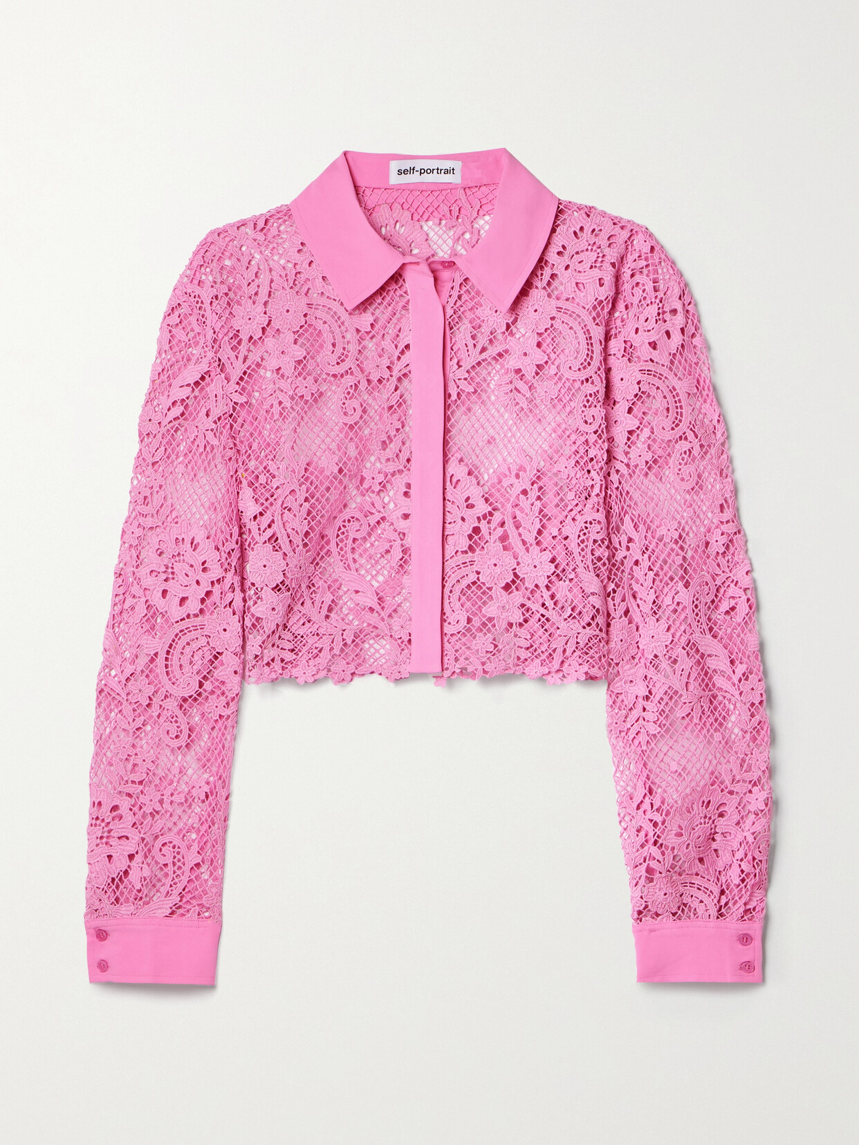 Self-Portrait Cropped Crepe-trimmed Corded Lace Top - Pink