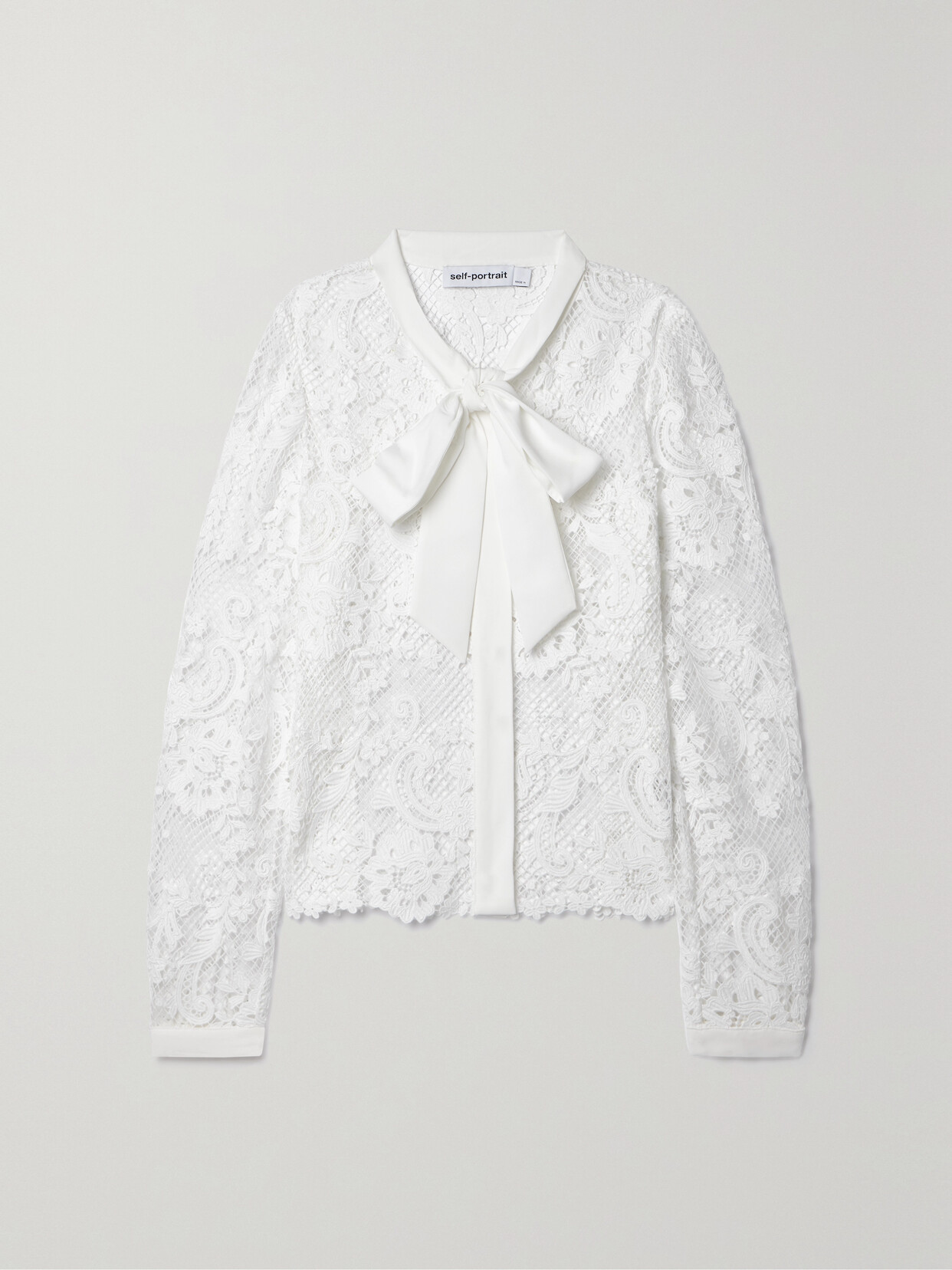 Self-Portrait - Pussy-bow Crepe-trimmed Corded Lace Shirt - White