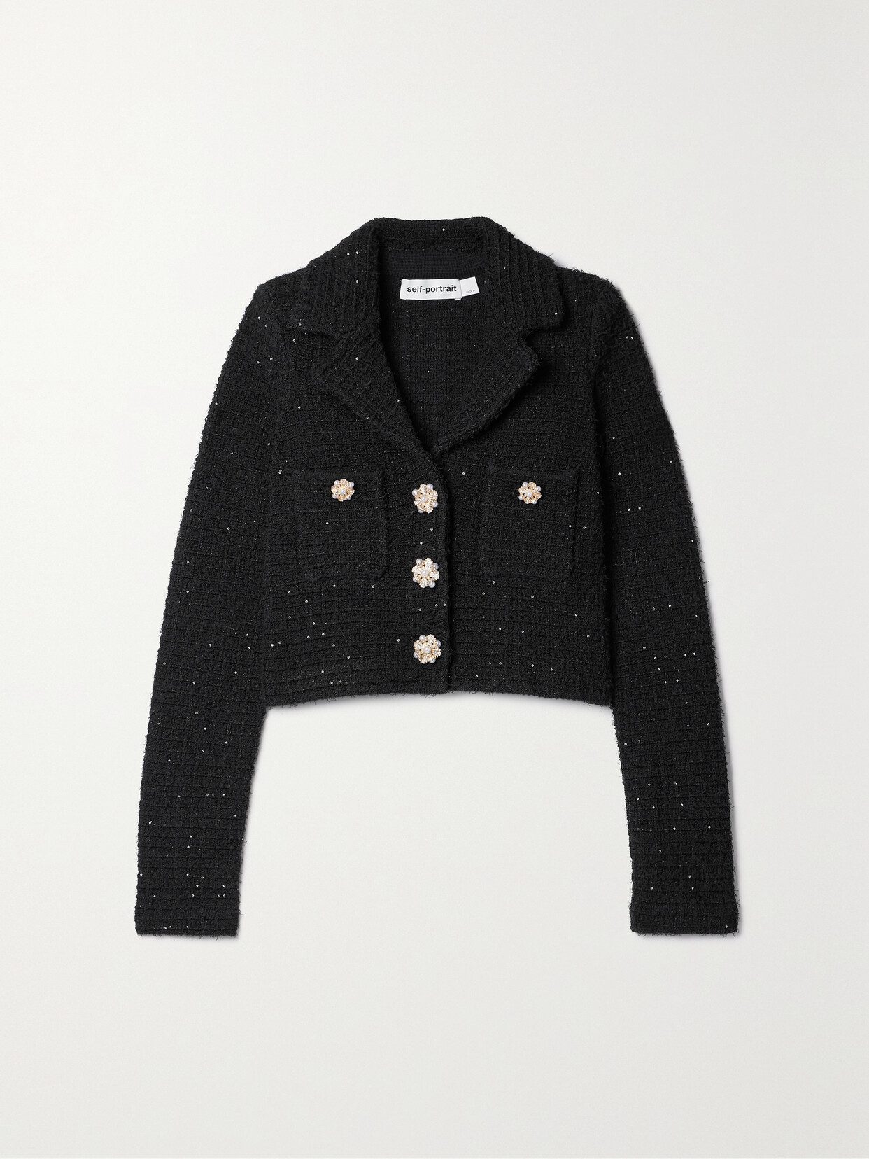 Self-Portrait - Cropped Embellished Metallic Bouclé-knit Jacket - Black