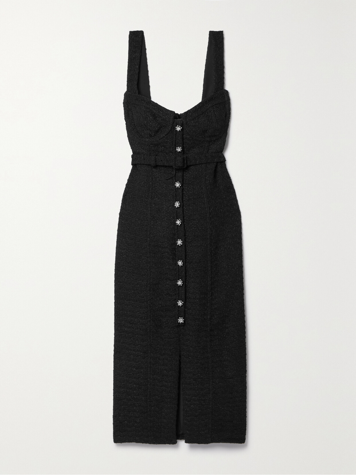 Self-portrait Belted Embellished Bouclé-tweed Midi Dress In Black