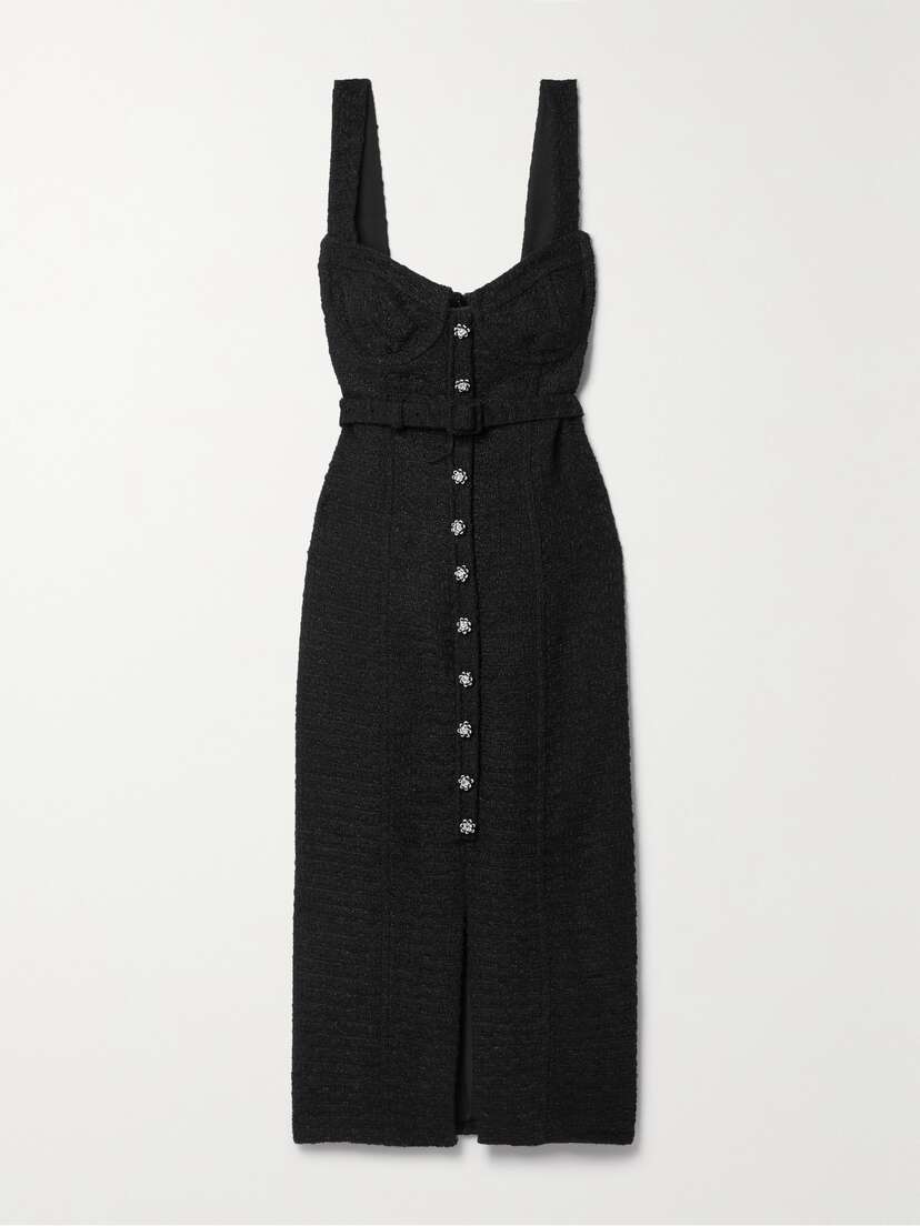 Self-Portrait Belted Embellished Bouclé-tweed Midi Dress