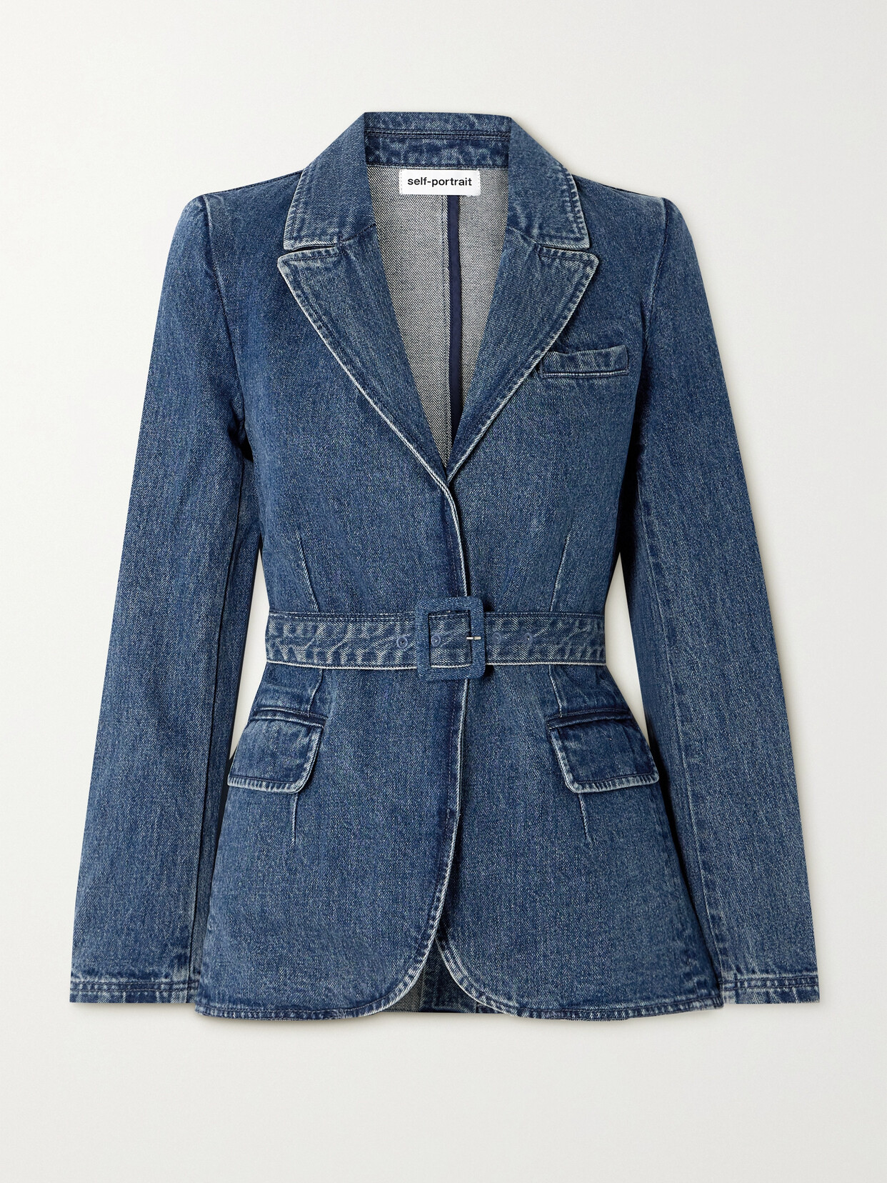 Self-Portrait - Belted Denim Blazer - Blue