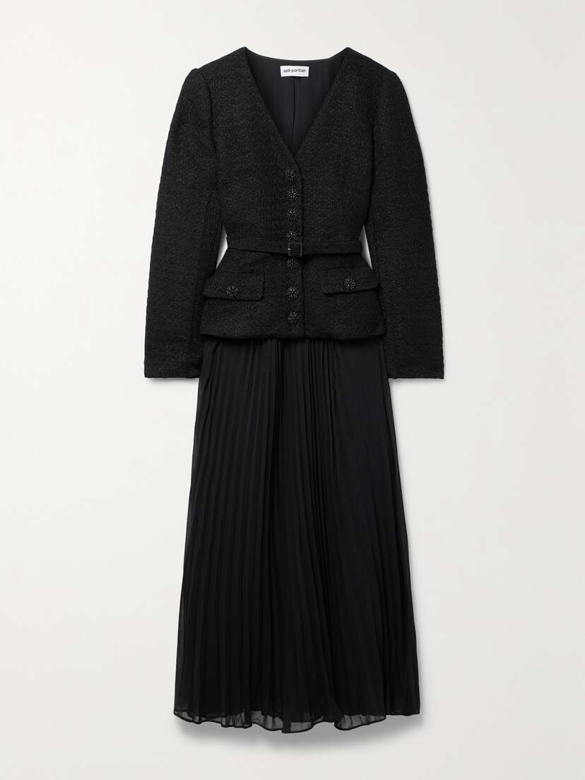 Self-Portrait Convertible Embellished Bouclé-tweed And Pleated Georgette Midi Dress - UK 16